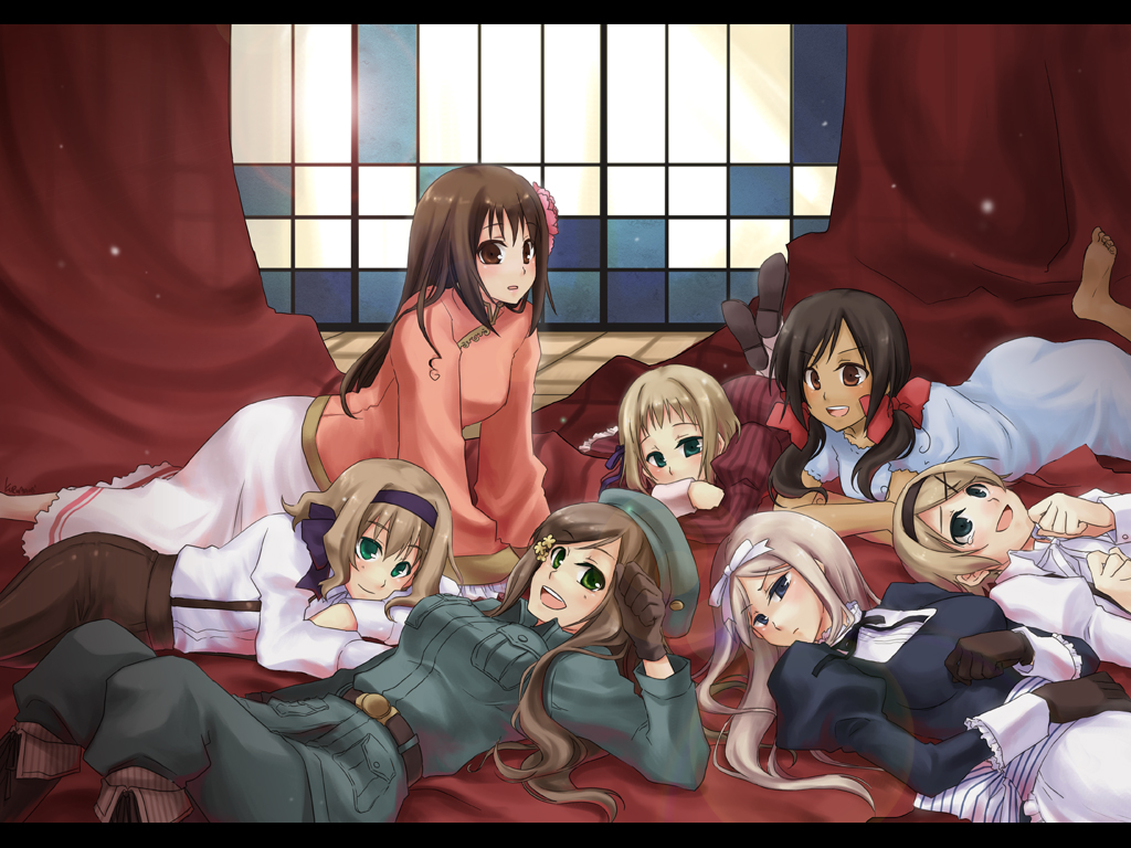 kuruma (rk), belarus (hetalia), belgium (hetalia), hungary (hetalia), liechtenstein (hetalia), seychelles (hetalia), taiwan (hetalia), ukraine (hetalia), axis powers hetalia, uniform, annotated, bad id, bad pixiv id, 00s, 6+girls, aqua eyes, barefoot, blonde hair, blue eyes, brown eyes, brown hair, changpao, chinese clothes, everyone, green eyes, hair ribbon, headband, long hair, lying, multiple girls, ribbon, short hair, skirt, sweater, twintails