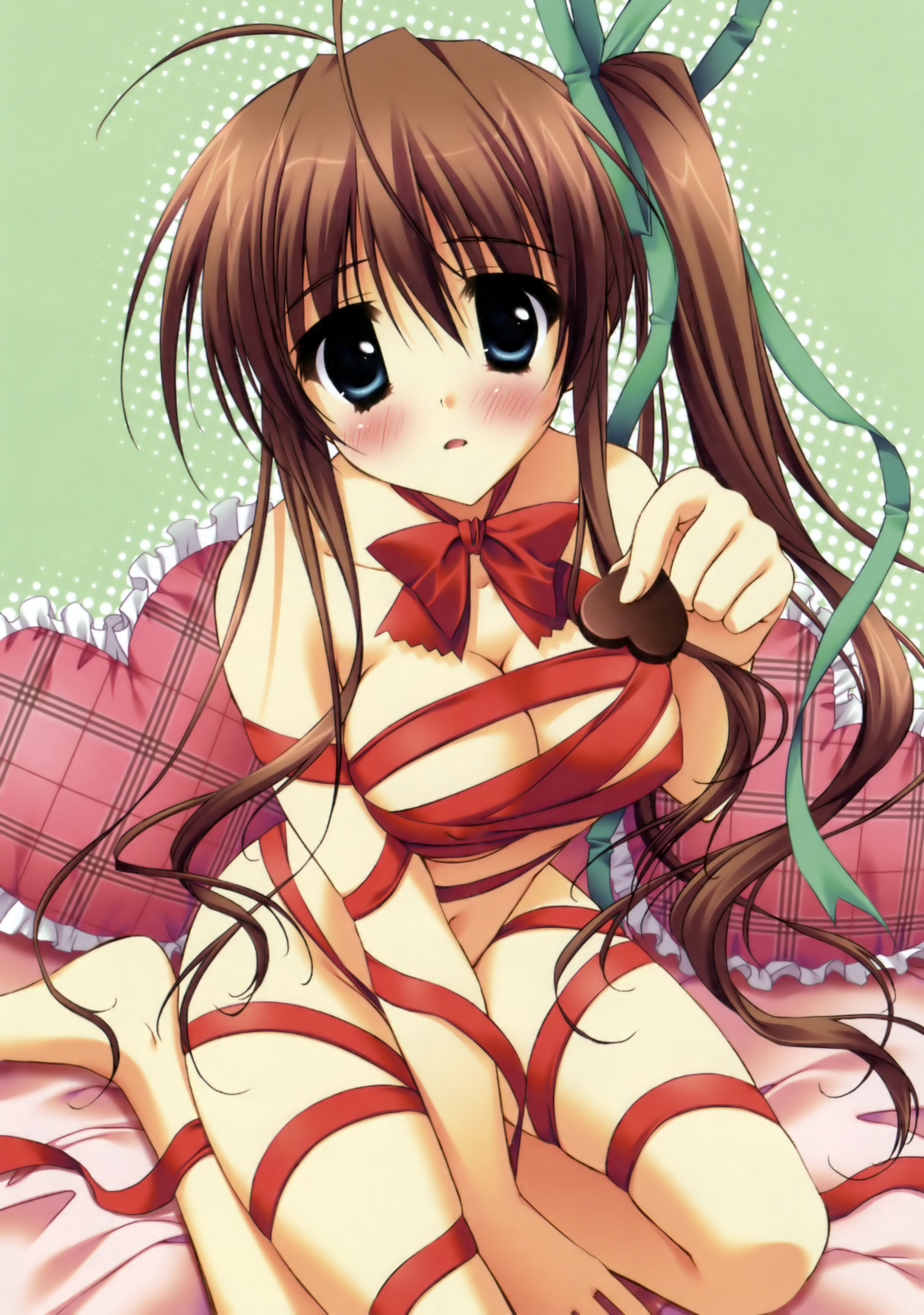 ryouka (suzuya), nagase minato, akane-iro ni somaru saka, plaid, absurdres, highres, 1girl, antenna hair, arm support, barefoot, bed, blue eyes, blush, bow, breasts, brown hair, candy, chocolate, chocolate heart, cleavage, female focus, fingernails, food, frills, full body, green background, hair ribbon, halftone, heart, heart-shaped pillow, incoming gift, leaning forward, long fingernails, long hair, looking at viewer, naked ribbon, navel, nude, outline, parted lips, pillow, ponytail, ribbon, seiza, side ponytail, sidelocks, simple background, sitting, solo, valentine, very long hair
