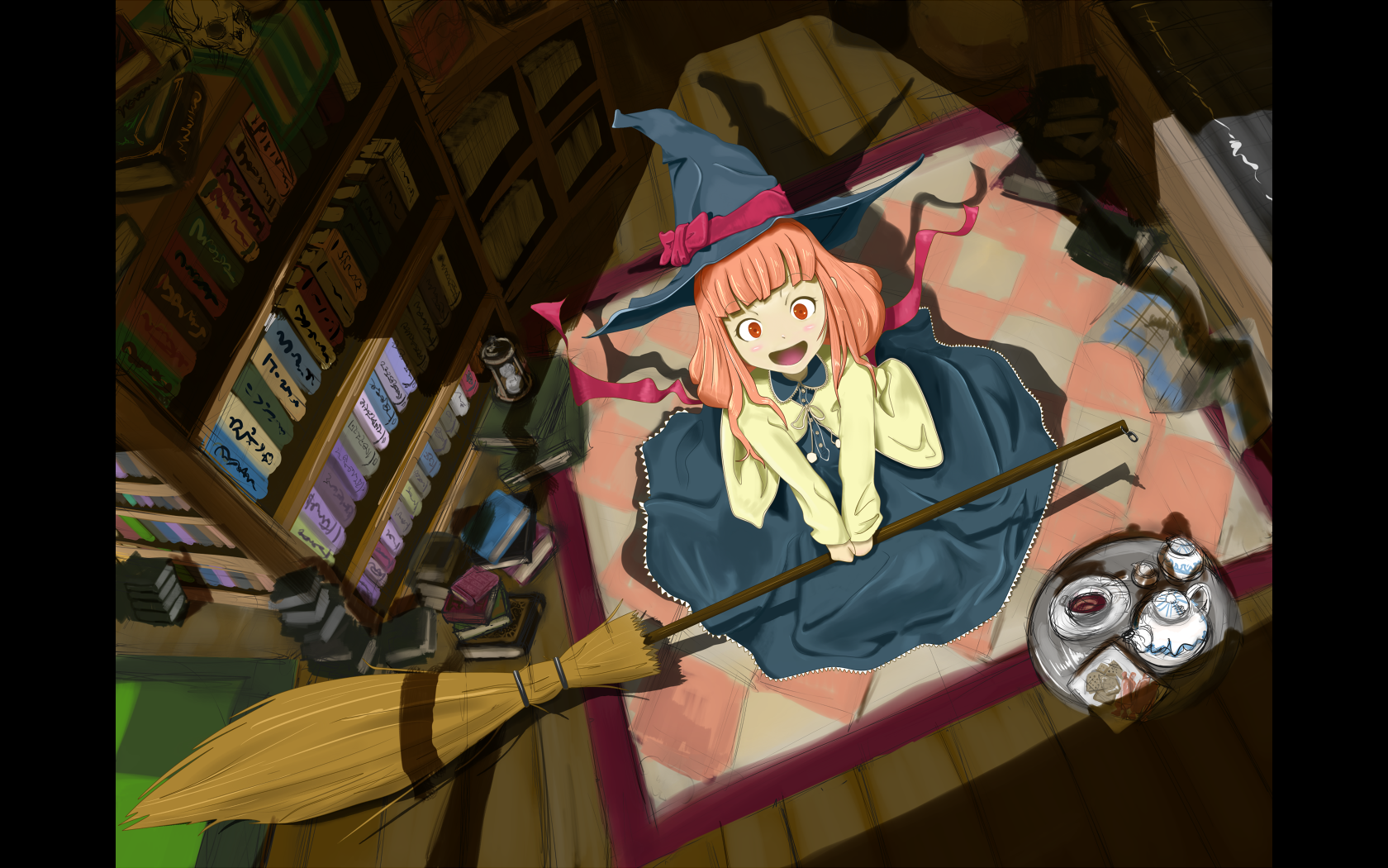 yammy (artist), yammy (cellblo), original, highres, 1girl, :d, blunt bangs, book, bookshelf, broom, female focus, from above, happy, hat, magician, open mouth, orange hair, red eyes, smile, solo, witch, witch hat
