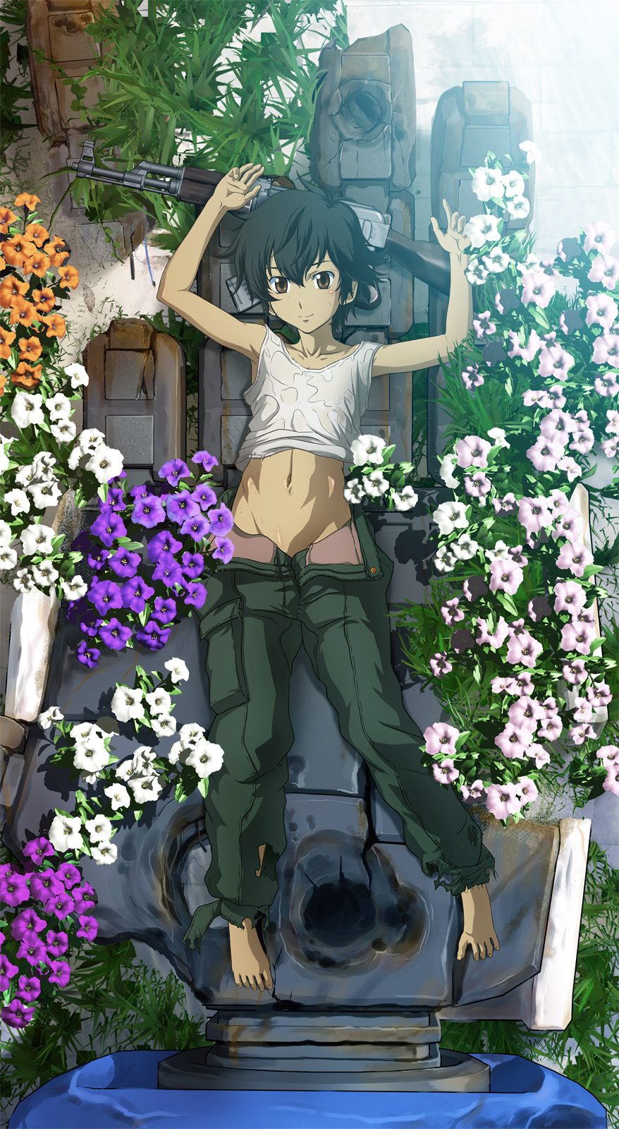 tooo, setsuna f. seiei, gundam, gundam 00, bad id, bad pixiv id, highres, 00s, 1boy, ak-47, androgynous, assault rifle, barefoot, black hair, brown eyes, feet, flower, gun, kalashnikov, kalashnikov rifle, lying, male focus, rifle, short hair, smile, solo, spread toes, tank top, toes, weapon, wet, wet clothes