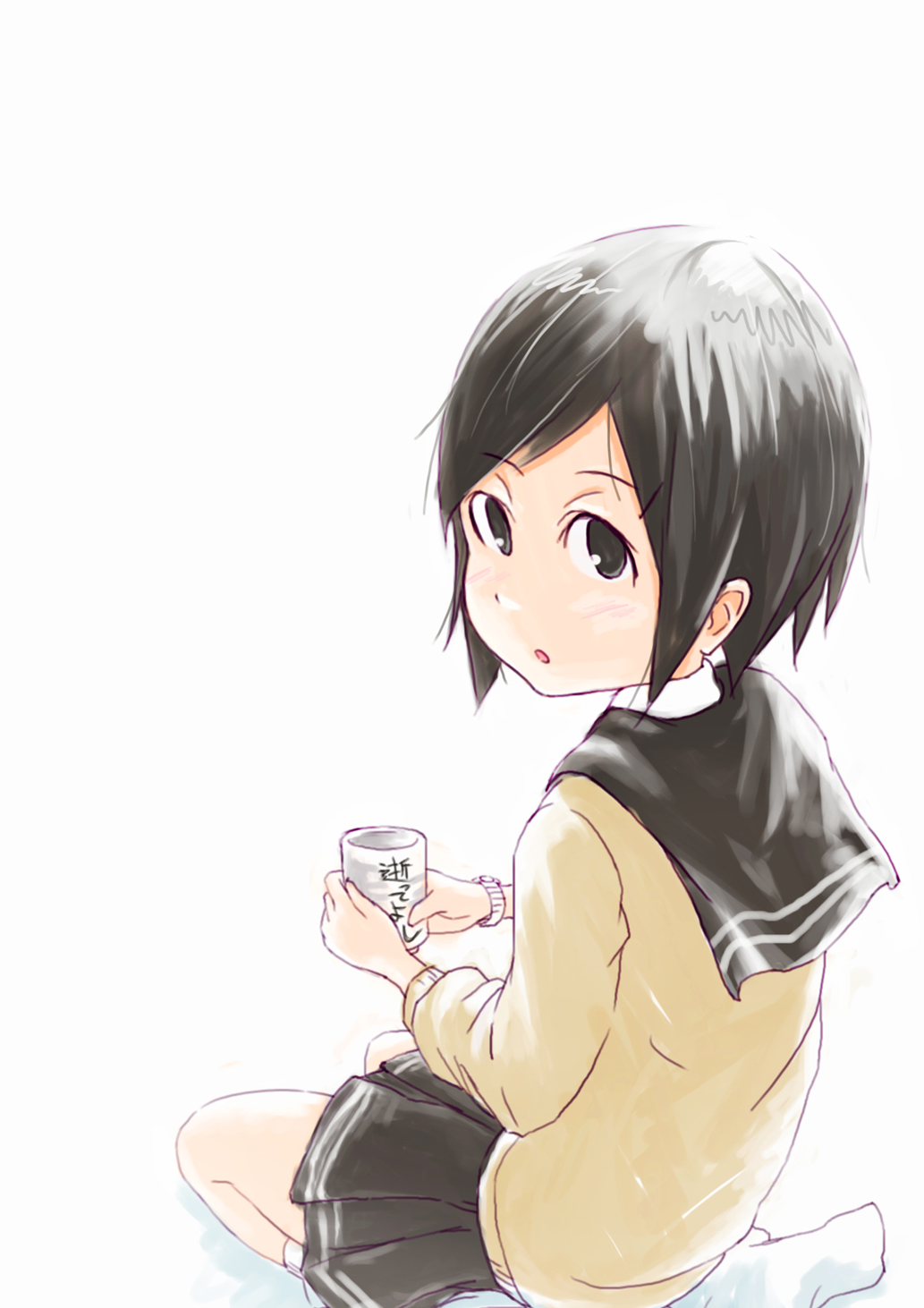 okamocheese, bad id, bad pixiv id, highres, :o, black eyes, black hair, cup, kneeling, looking back, school uniform, short hair, skirt, socks, solo