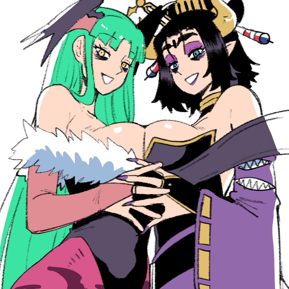 wanderjegson, lilithmon, morrigan aensland, darkstalkers, digimon, 2girls, animal print, bare shoulders, bat print, bat wings, black hair, black leotard, blue eyes, breasts, breasts squeezed together, demon girl, demon horns, demon wings, digimon (creature), eyeshadow, facial mark, forehead mark, green hair, hair ornament, head wings, highleg, highleg leotard, horns, large breasts, leotard, long hair, looking at viewer, makeup, multiple girls, pantyhose, pointy ears, purple eyeshadow, purple lips, purple pantyhose, short hair, smile, wings, yellow eyes