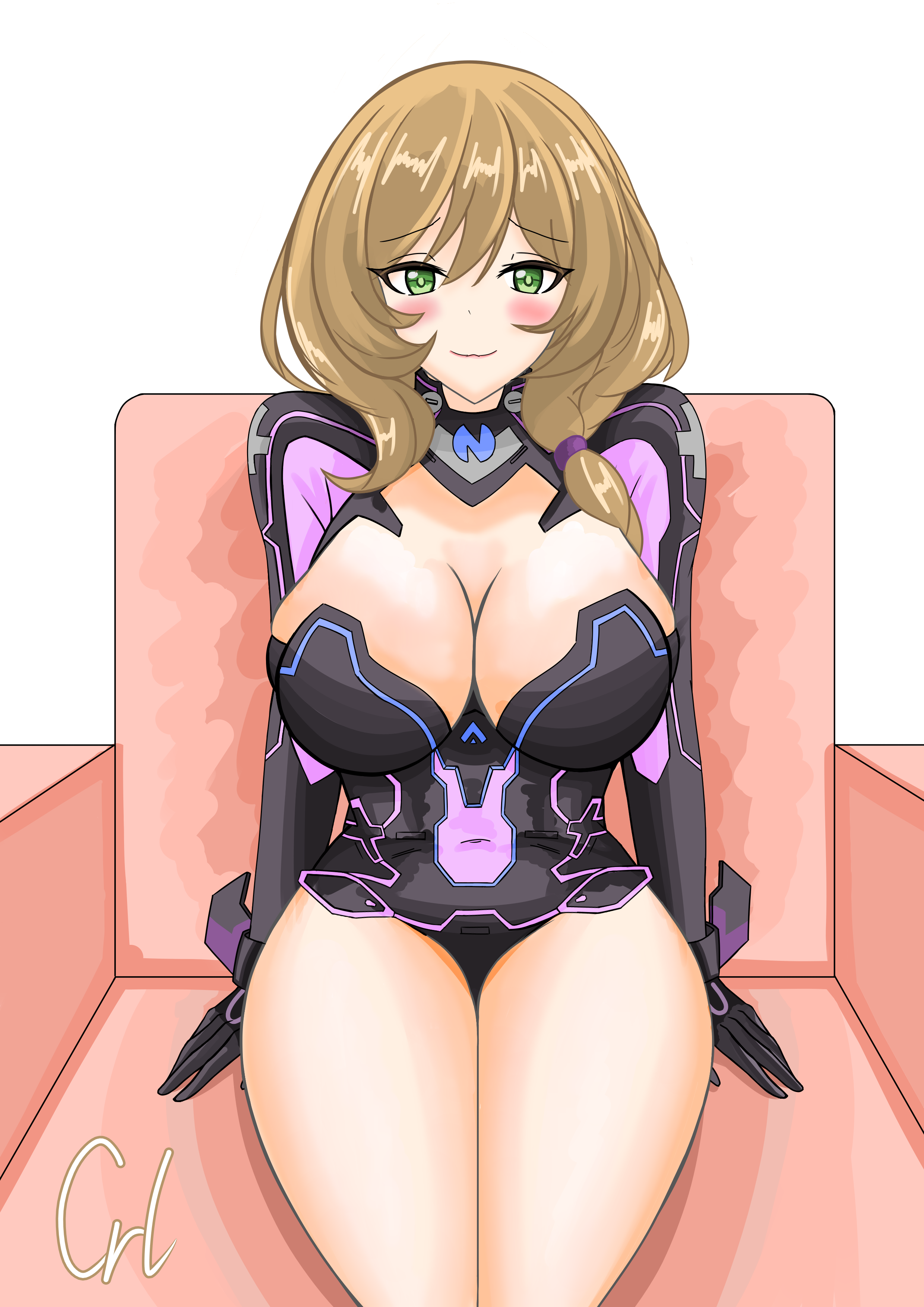crallylystia, tanaka rie, lisa (genshin impact), purple heart (neptunia), genshin impact, neptune (series), absurdres, commentary, highres, 1girl, alternate costume, artist name, black leotard, blush, breasts, brown hair, center opening, cleavage, cosplay, couch, green eyes, large breasts, leotard, long hair, looking at viewer, on couch, purple heart (neptunia) (cosplay), side ponytail, smile, solo, thighs, voice actor connection