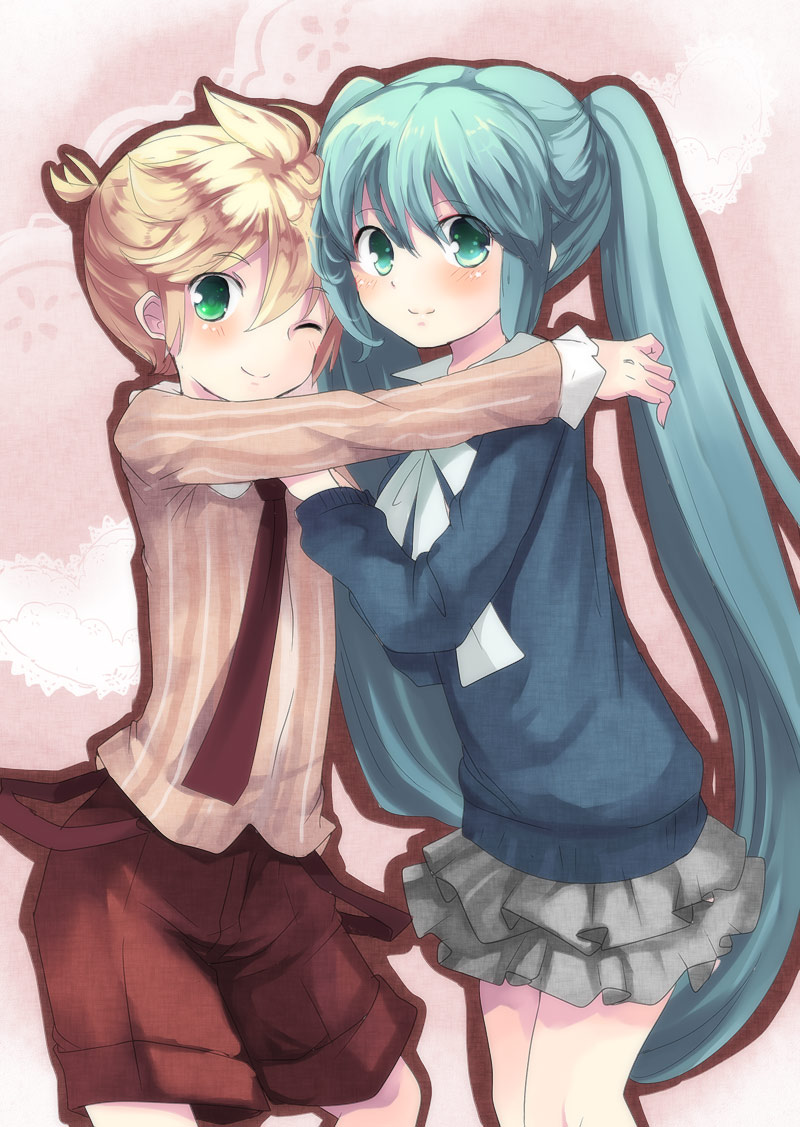 hikari no, hatsune miku, kagamine len, vocaloid, 1boy, 1girl, aqua eyes, aqua hair, blue hair, blush, green eyes, hetero, hug, long hair, one eye closed, skirt, smile, twintails, wink