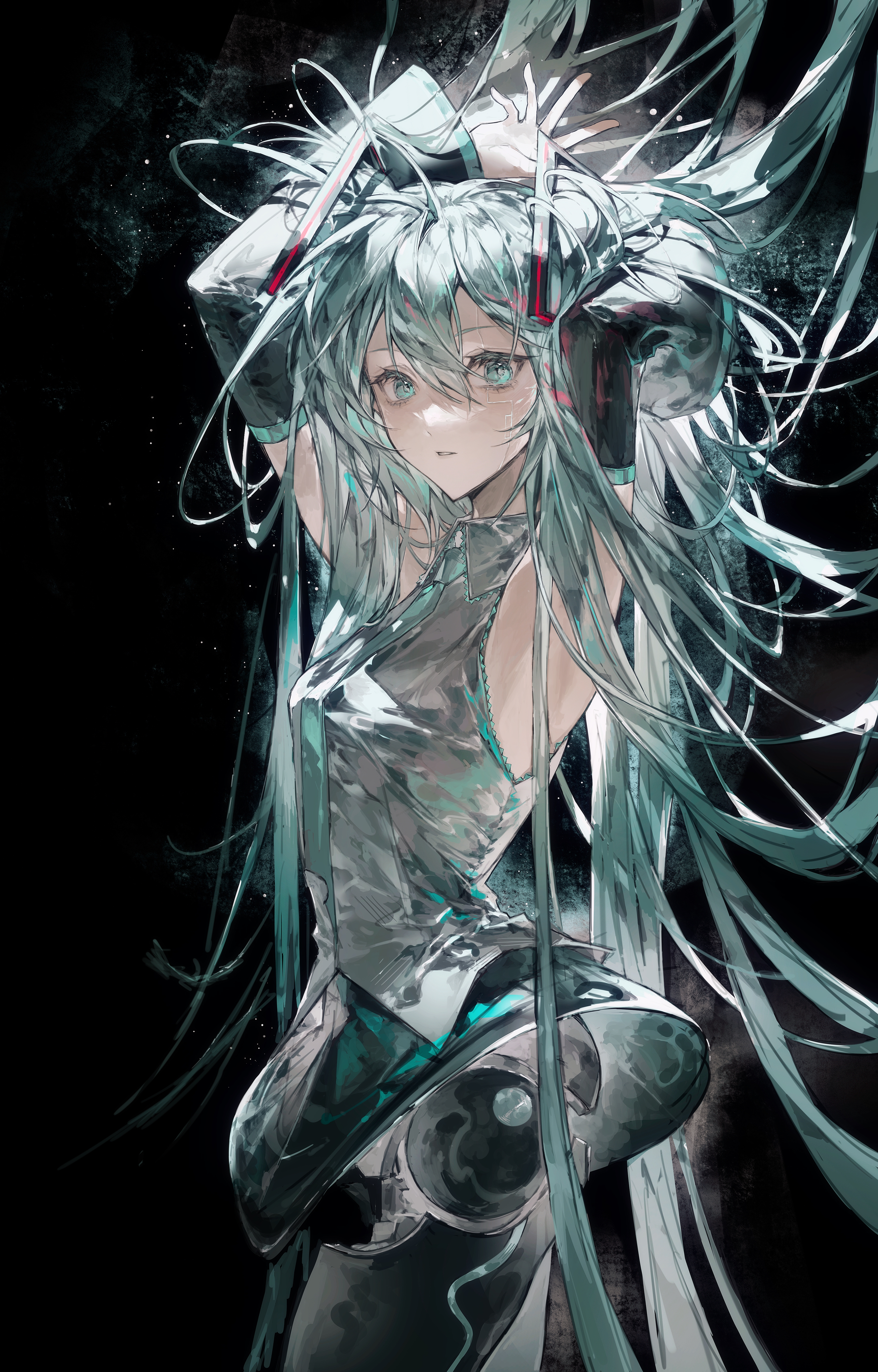 zhouliang48183, hatsune miku, vocaloid, absurdres, highres, 1girl, :o, android, aqua eyes, aqua hair, aqua necktie, armpits, arms up, black background, black skirt, black sleeves, breasts, collared shirt, cowboy shot, detached sleeves, expressionless, floating headgear, from side, hair between eyes, headgear, joints, light particles, long hair, looking at viewer, looking to the side, mechabare, mechanization, messy hair, miniskirt, necktie, parted lips, robot joints, seams, shirt, sideways glance, simple background, skirt, sleeveless, sleeveless shirt, small breasts, solo, very long hair