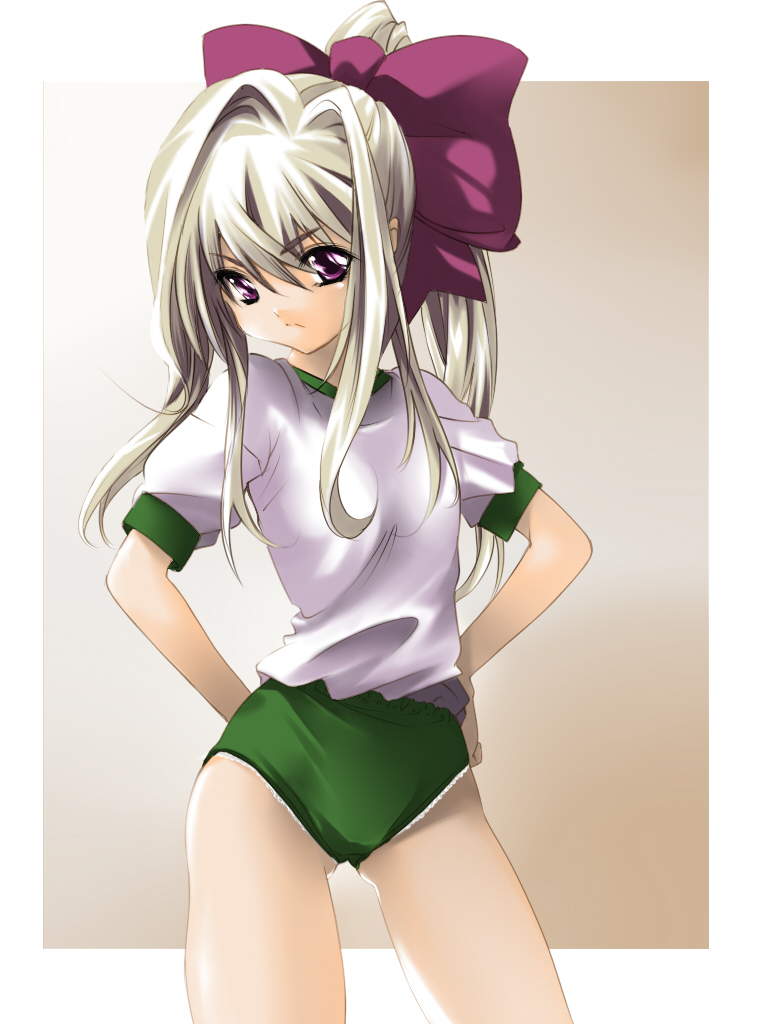 alric, original, 1girl, buruma, female focus, green buruma, gym uniform, hair ribbon, long hair, panties, panties under buruma, ponytail, purple eyes, ribbon, solo, underwear, white panties