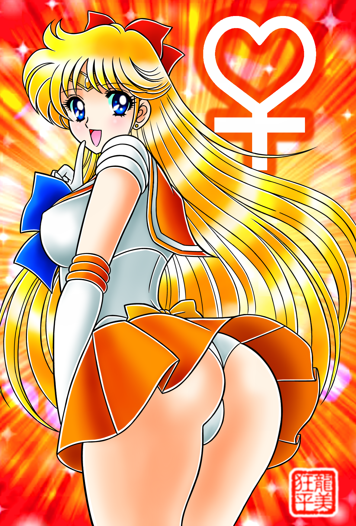 tatsumi kyouhei, aino minako, sailor venus, bishoujo senshi sailor moon, highres, 1girl, ass, back bow, blonde hair, blue bow, blue bowtie, blue eyes, bow, bowtie, cameltoe, choker, clothes lift, earrings, elbow gloves, gloves, jewelry, long hair, orange choker, orange sailor collar, orange skirt, pleated skirt, red bow, sailor collar, sailor senshi uniform, shirt, skirt, skirt lift, solo, venus symbol, white gloves, white shirt, yellow bow