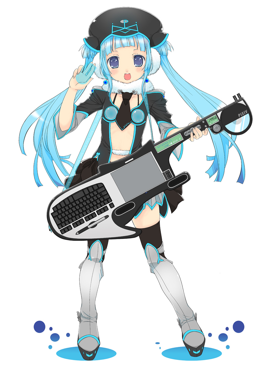 mikazukimo, pixiv-tan, pixiv, highres, 1girl, blue eyes, blue hair, blush, cd, computer keyboard, drawing tablet, female focus, guitar, hat, instrument, keytar, long hair, matching hair/eyes, necktie, solo, stylus, thighhighs, twintails