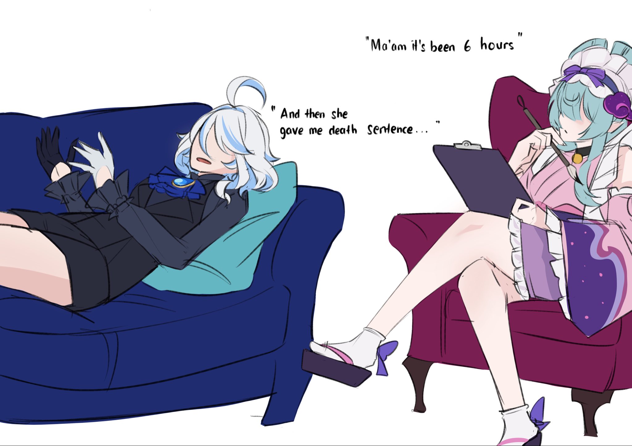 mamaprofennn, furina (genshin impact), yumemizuki mizuki, genshin impact, commentary, english commentary, highres, 2girls, ahoge, aqua hair, armchair, ascot, asymmetrical gloves, bare legs, bare shoulders, bell, bell sleeves, black choker, black gloves, black sandals, black shirt, black shorts, black vest, blue ascot, blue streaks, calligraphy brush, chair, choker, clipboard, couch, crossed legs, cushion, dated commentary, detached sleeves, double-parted bangs, english text, faceless, faceless female, flat color, frilled sleeves, frills, gloves, hair between eyes, half gloves, holding, holding calligraphy brush, holding clipboard, holding paintbrush, japanese clothes, jingle bell, kimono, long sleeves, lying, maid headdress, mismatched gloves, multicolored hair, multiple girls, neck bell, nihongami, no eyes, okobo, on back, on couch, open mouth, ouji fashion, paintbrush, pink kimono, pink sleeves, platform sandals, sandals, shirt, short hair, short kimono, short shorts, shorts, simple background, sitting, sleeveless, sleeveless kimono, socks, streaked hair, tabi, talking, two-tone hair, vest, waistcoat, white background, white gloves, white hair, white socks, wide sleeves