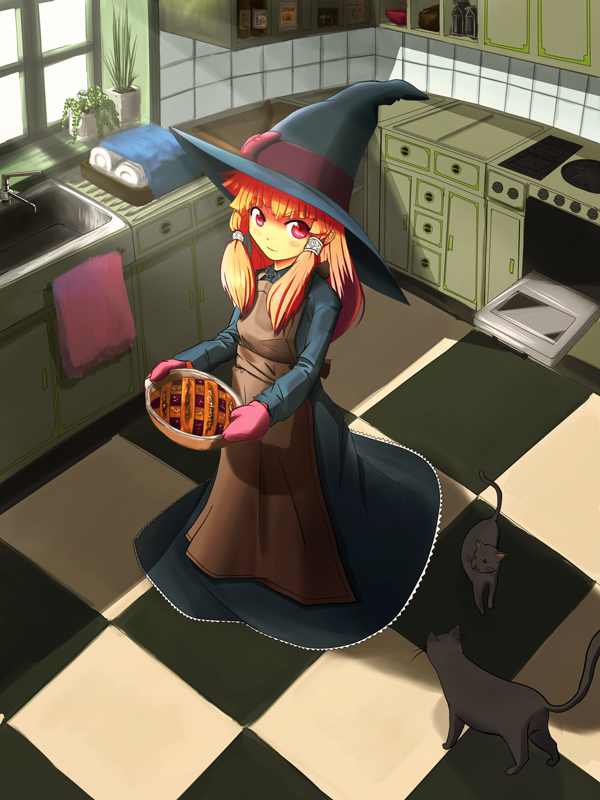 yammy (artist), yammy (cellblo), original, 1girl, apple pie, apron, black cat, blue dress, blush stickers, cabinet, cat, checkered floor, cooking, counter, dishes, dress, female focus, floor, food, from above, full body, hair tubes, hat, hat ribbon, kitchen, light smile, long dress, long hair, looking at viewer, looking up, magician, mittens, orange hair, oven, oven mitts, perspective, pie, plant, potted plant, red eyes, ribbon, shadow, sidelocks, sink, solo, sunlight, tiles, towel, window, witch, witch hat