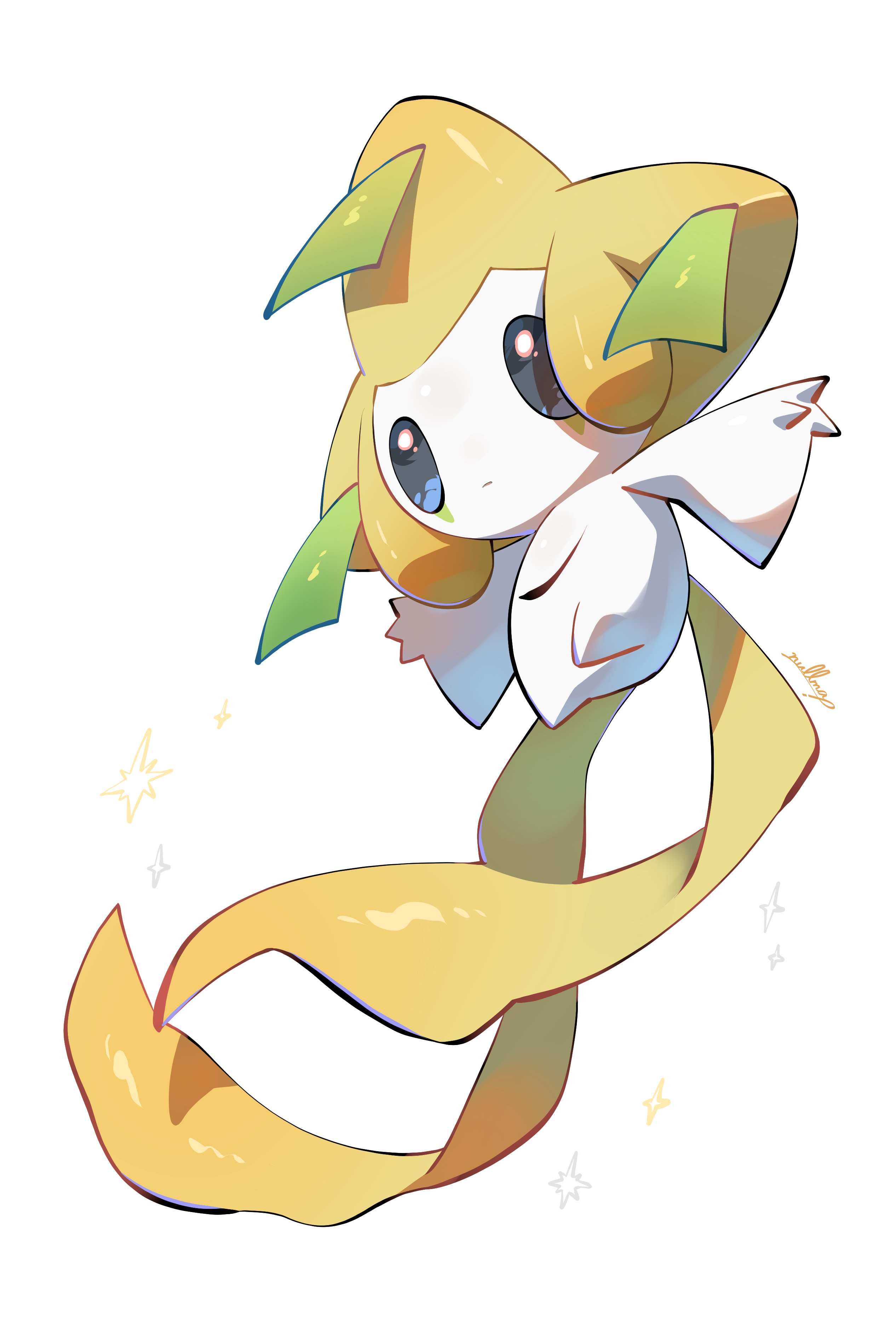 nullma, jirachi, nintendo, pokemon, absurdres, highres, blue eyes, closed mouth, colored skin, full body, gen 3 pokemon, legendary pokemon, mythical pokemon, no humans, pokemon (creature), pokemon focus, simple background, solo, star (symbol), tanzaku, white skin