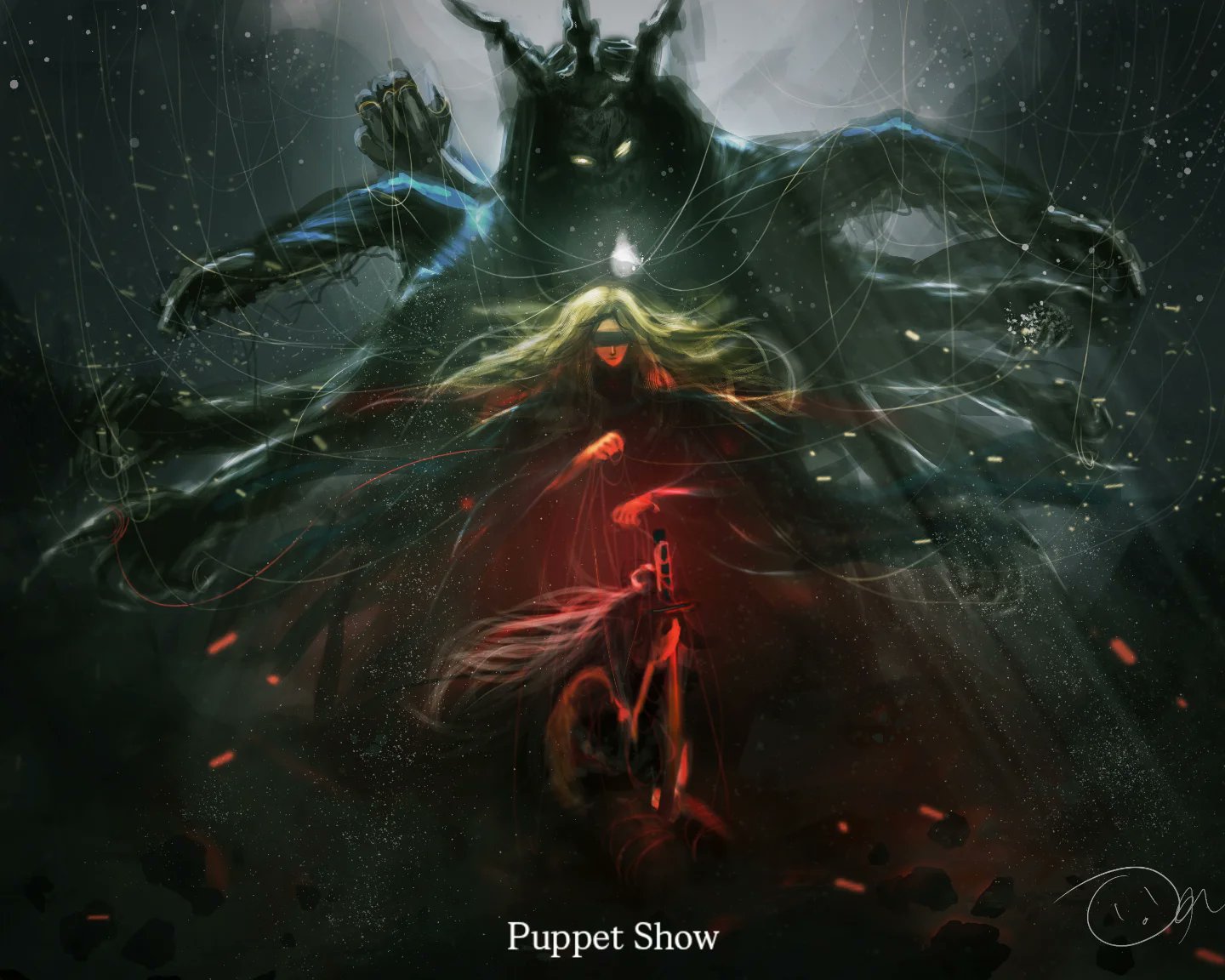 cassie (shadow slave), sunny (shadow slave), shadow slave, character request, check character, 1girl, 1other, artskiddy69, blindfold, blonde hair, caption, creature, english text, extra arms, fire, floating, full body, glowing, glowing eyes, light particles, light rays, long hair, outstretched arms, planted, planted sword, planted weapon, serious, sword, very long hair, weapon