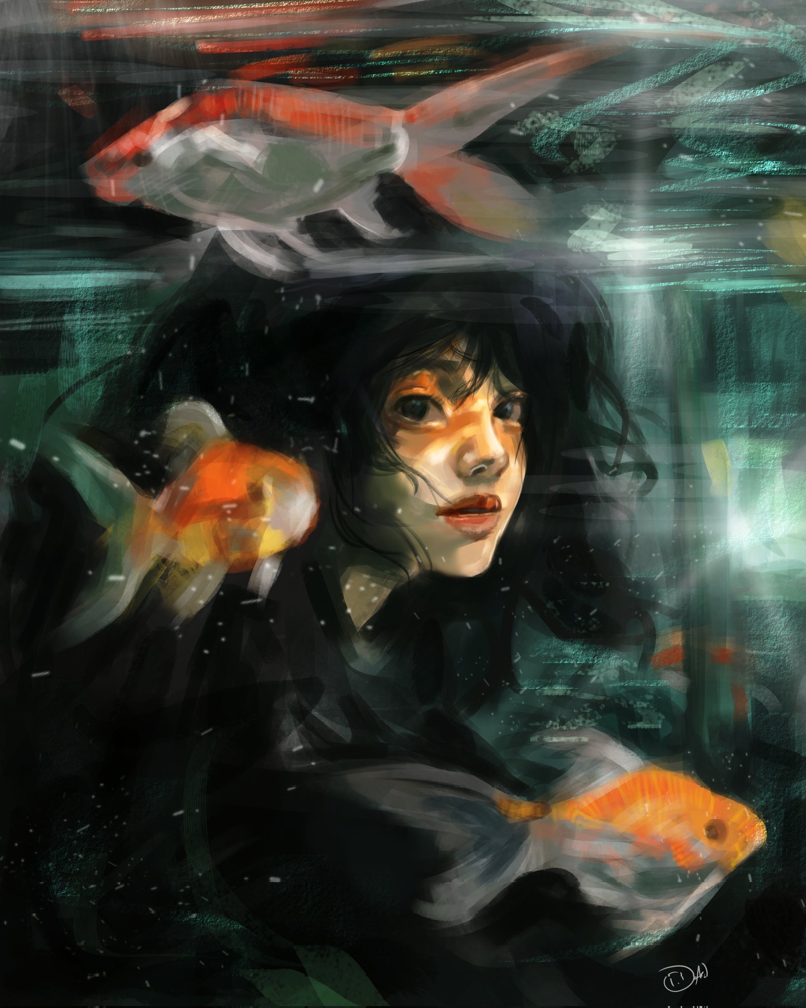 original, highres, 1girl, artskiddy69, black eyes, black hair, bob cut, expressionless, fish, glint, goldfish, light particles, looking at viewer, parted lips, short hair, solo, subsurface scattering, underwater, upper body