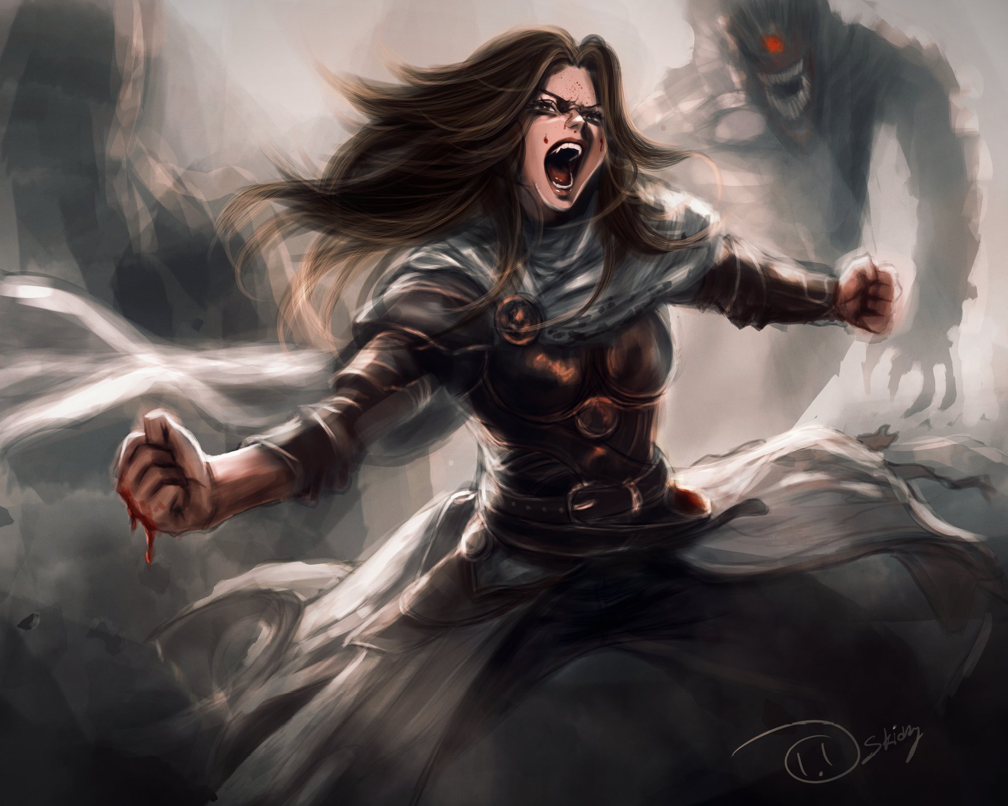 effie (shadow slave), shadow slave, highres, 1girl, armor, artskiddy69, blood, blood on hands, breastplate, brown hair, cape, clenched hand, creature, fighting stance, hair flowing over, long hair, looking at viewer, open mouth, outstretched arms, screaming, serious, spread legs