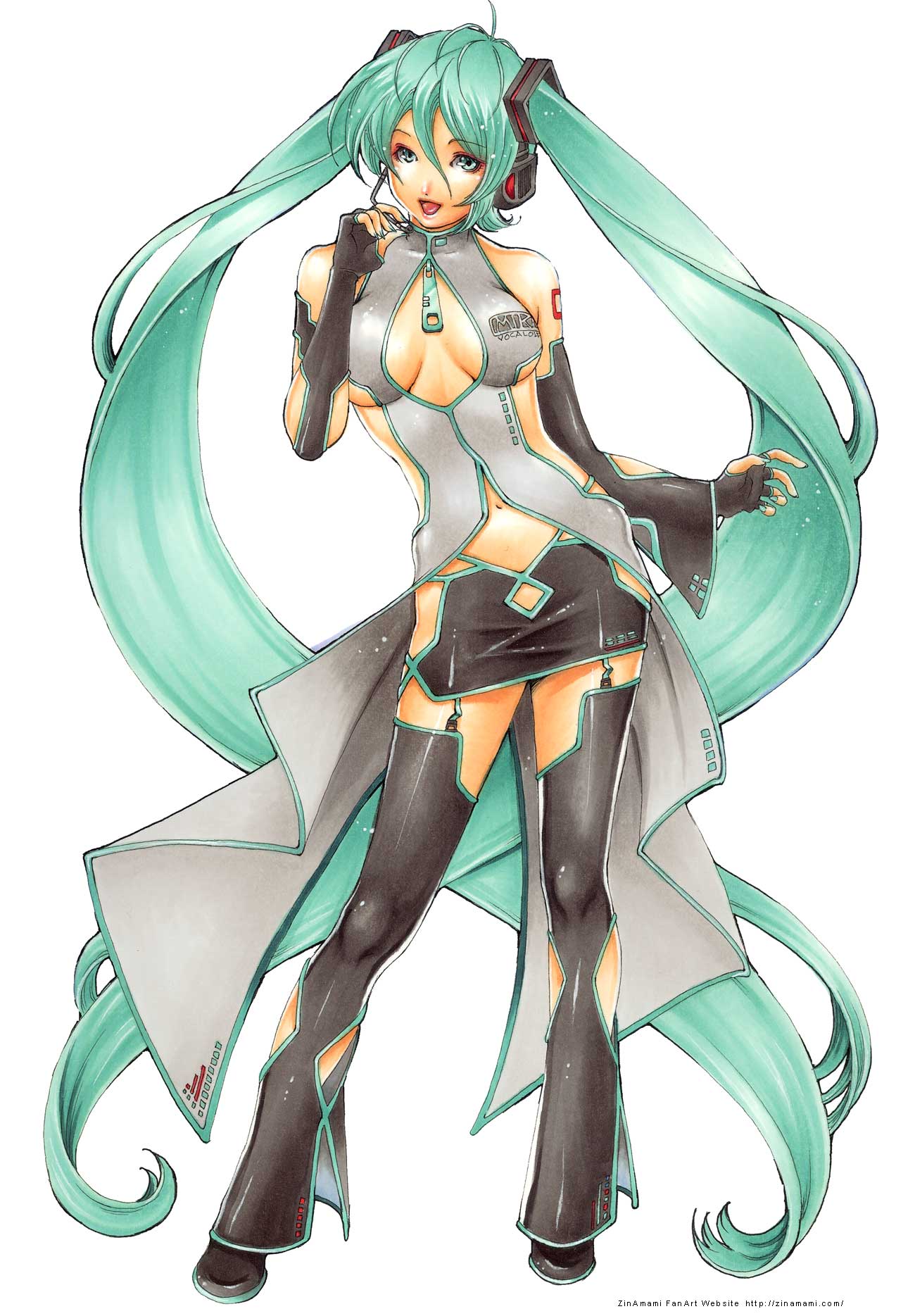 zin amami, hatsune miku, vocaloid, highres, 1girl, breasts, detached sleeves, female focus, green hair, long hair, miniskirt, skirt, solo, thighhighs, twintails, very long hair