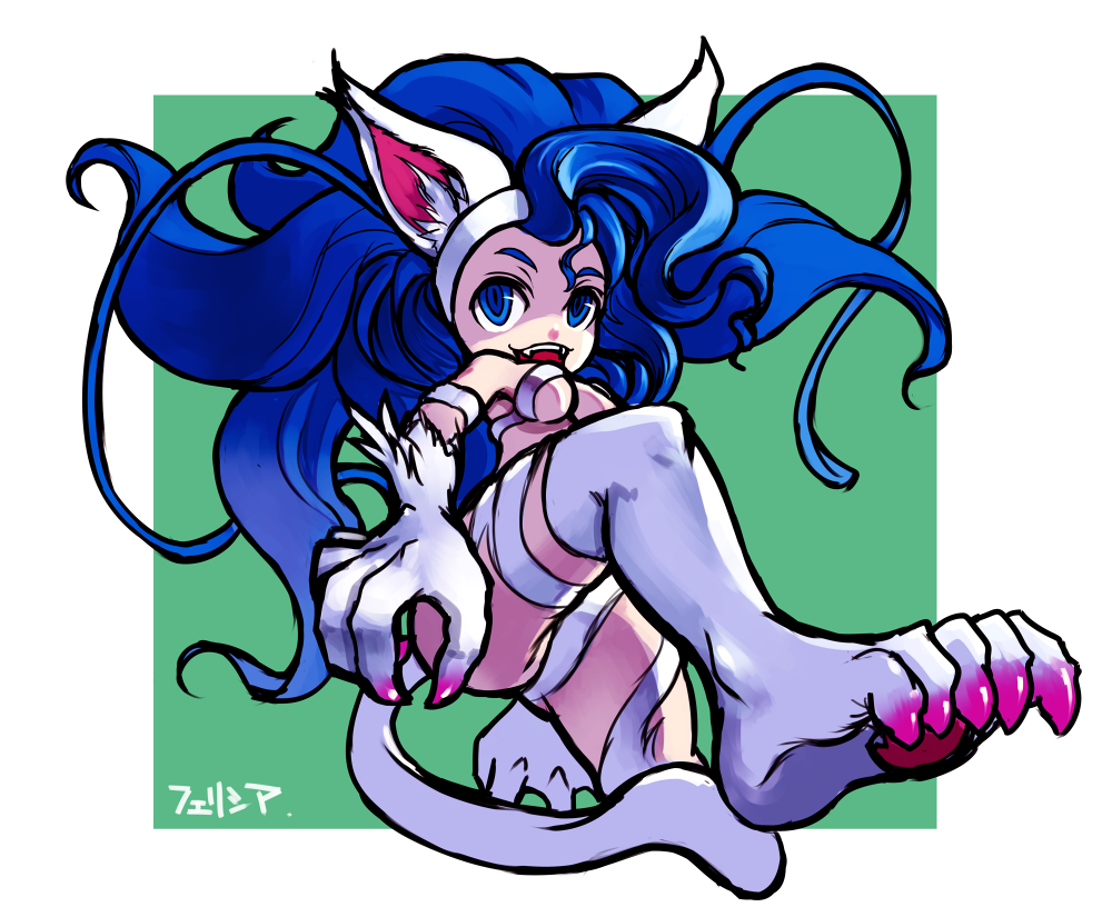 kansou samehada, felicia (darkstalkers), capcom, darkstalkers, bad id, bad pixiv id, 1girl, animal ears, animal hands, big hair, blue eyes, blue hair, cat ears, cat paws, cat tail, feet, female focus, matching hair/eyes, solo, tail