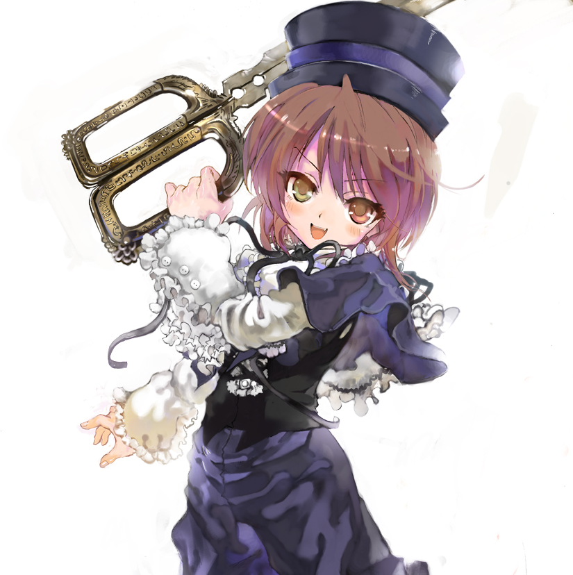 asuka shirou, souseiseki, rozen maiden, 00s, 1girl, brown hair, fang, female focus, frills, hat, heterochromia, scissors, short hair, simple background, solo, solo focus, white background