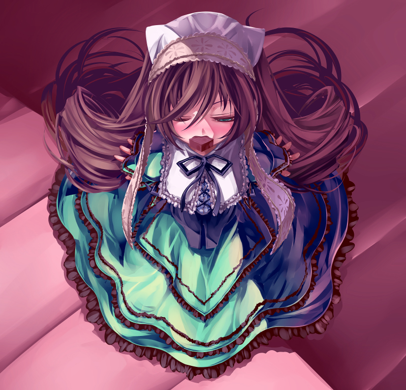 sasa ichi, suiseiseki, rozen maiden, 00s, blush, chocolate, dress, hairband, headscarf, heterochromia, long hair, mouth hold, very long hair, white headscarf