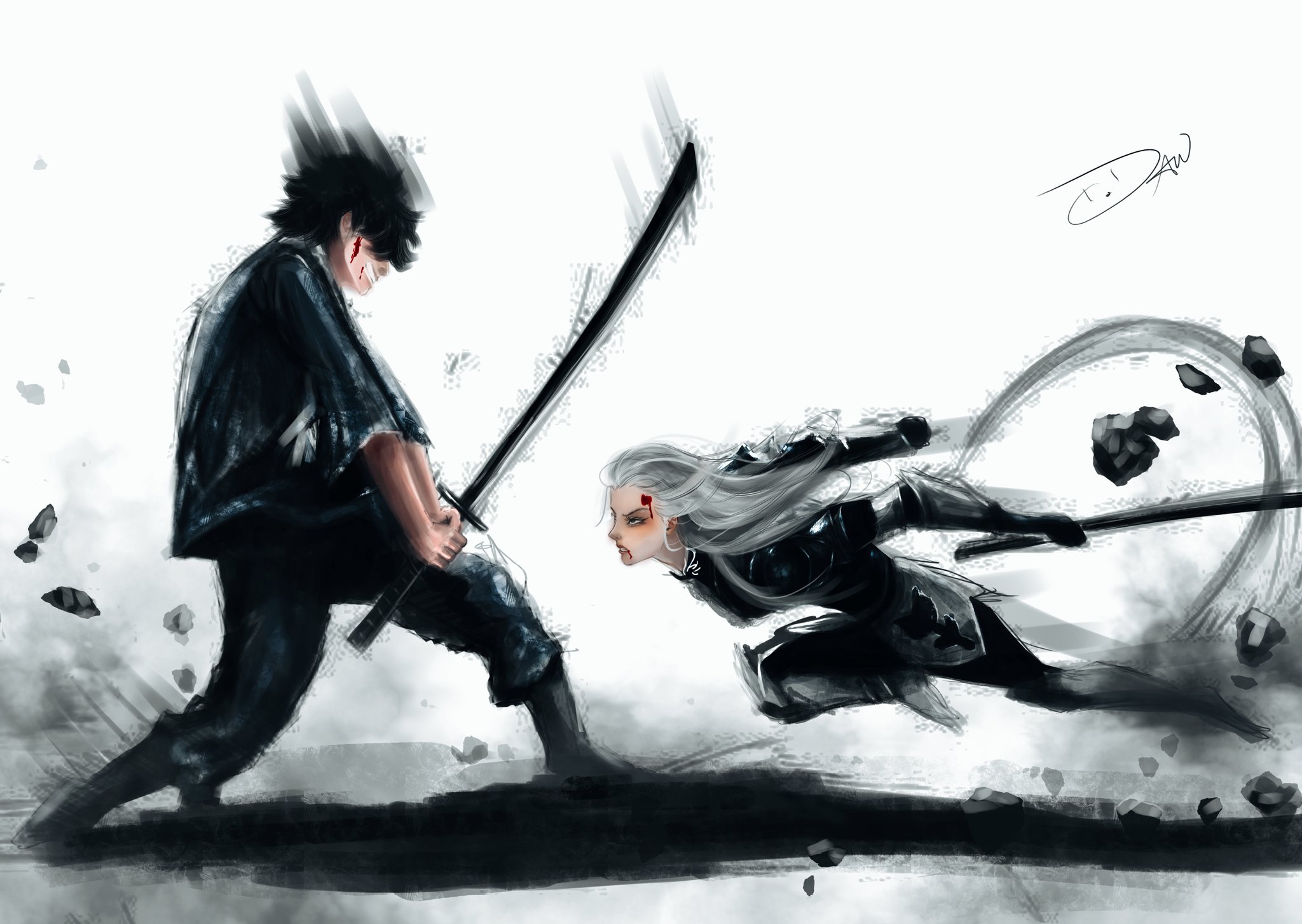nephis (shadow slave), sunny (shadow slave), shadow slave, highres, 1boy, 1girl, artskiddy69, black hair, blood, blood from mouth, blood on face, dashing, fighting, full body, holding, holding sword, holding weapon, incoming attack, long hair, motion blur, rubble, serious, short hair, spread legs, swinging weapon, sword, weapon, white hair