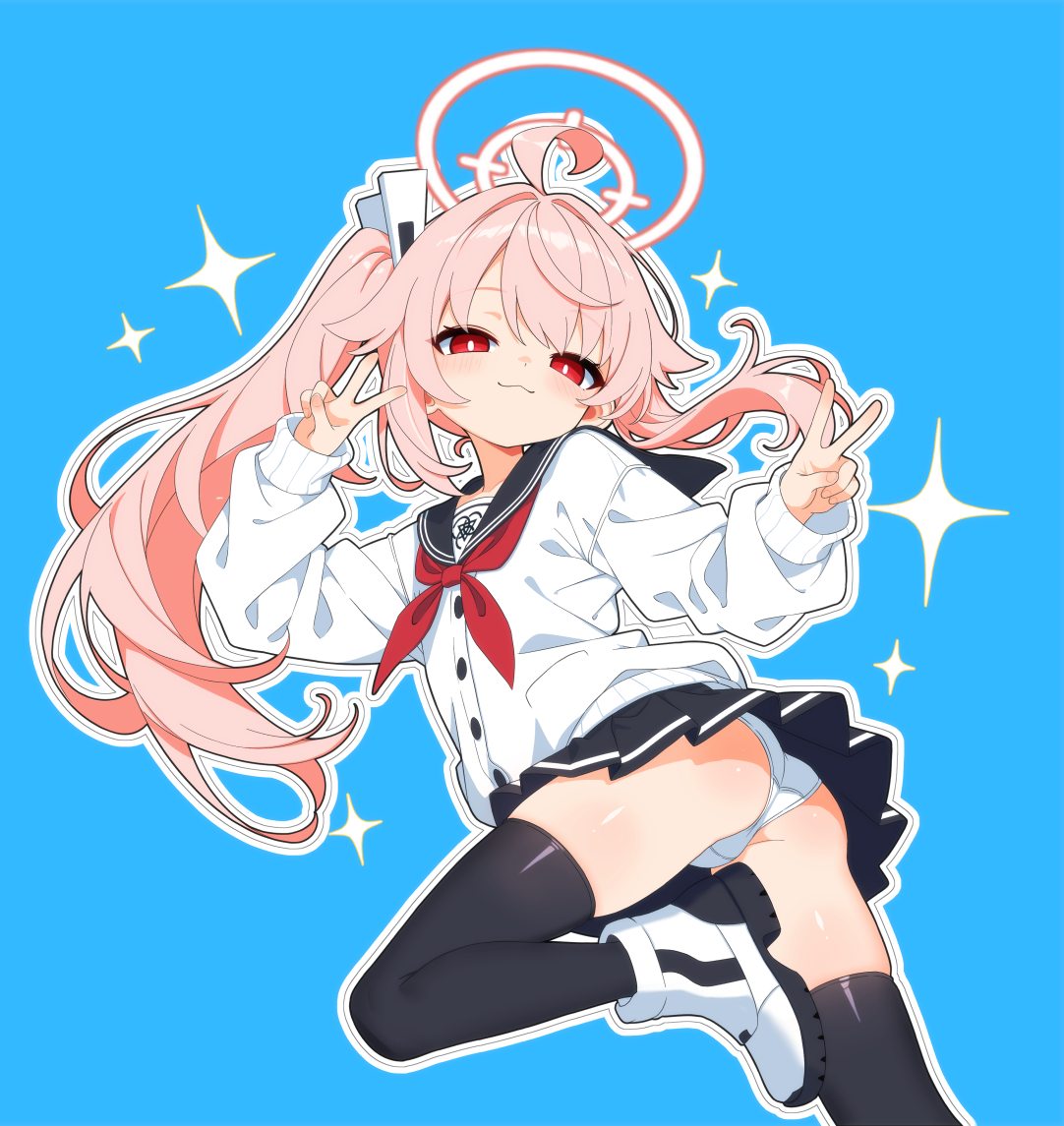 mutsuse, natsu (blue archive), blue archive, 1girl, ahoge, ass, black sailor collar, black thighhighs, blue background, blush, cardigan, closed mouth, double v, hair ornament, halo, long hair, long sleeves, looking at viewer, neckerchief, panties, pantyshot, pink hair, pink halo, pleated skirt, red eyes, red neckerchief, sailor collar, school uniform, shirt, side ponytail, simple background, skirt, smile, solo, sparkle, thighhighs, trinity general school logo, underwear, v, white cardigan