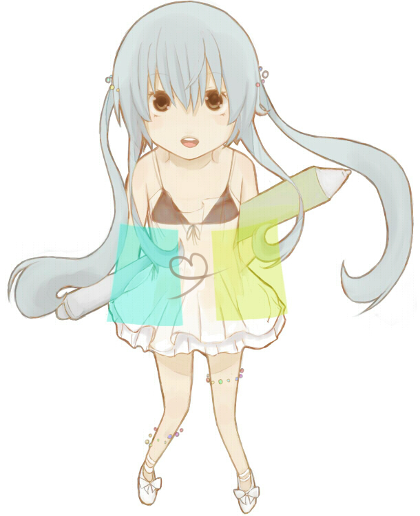 poripori, hatsune miku, vocaloid, bikini, bikini top only, blue hair, brown eyes, pen, solo, swimsuit, twintails