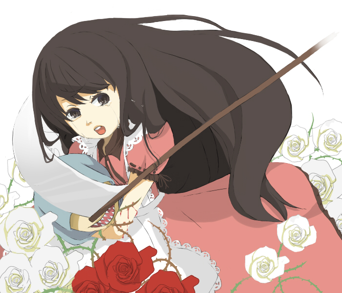 poripori, cheshire cat (alice in wonderland), katsuragi ariko, yugami no kuni no alice, black hair, blood, brown eyes, dress, flower, hood, long hair, rose, running, scythe, tears, thorns