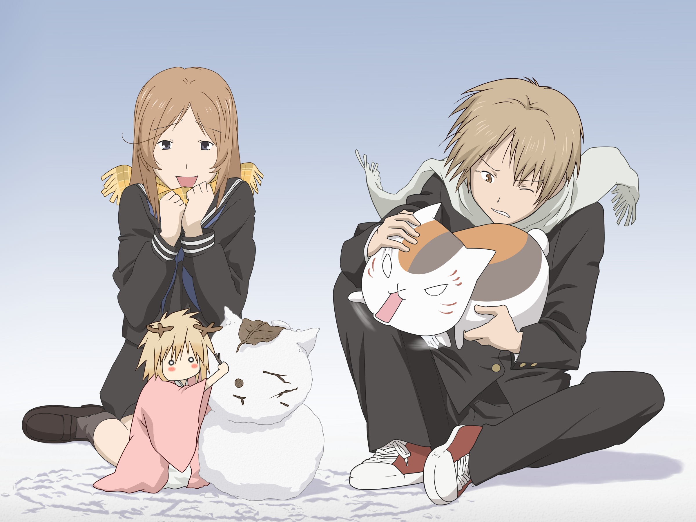 natsume takashi, nyanko-sensei, taki tohru, taki tooru, tama (natsume), natsume yuujinchou, highres, 00s, 1girl, 2boys, multiple boys, scarf, snowman