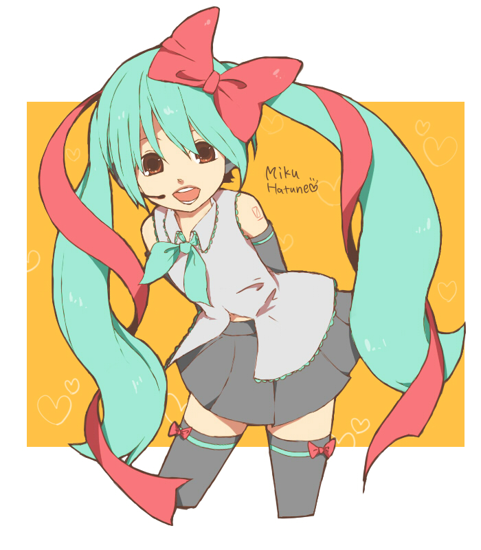poripori, hatsune miku, vocaloid, aqua hair, arms behind back, brown eyes, hair ribbon, ribbon, solo, thighhighs, twintails, zettai ryouiki