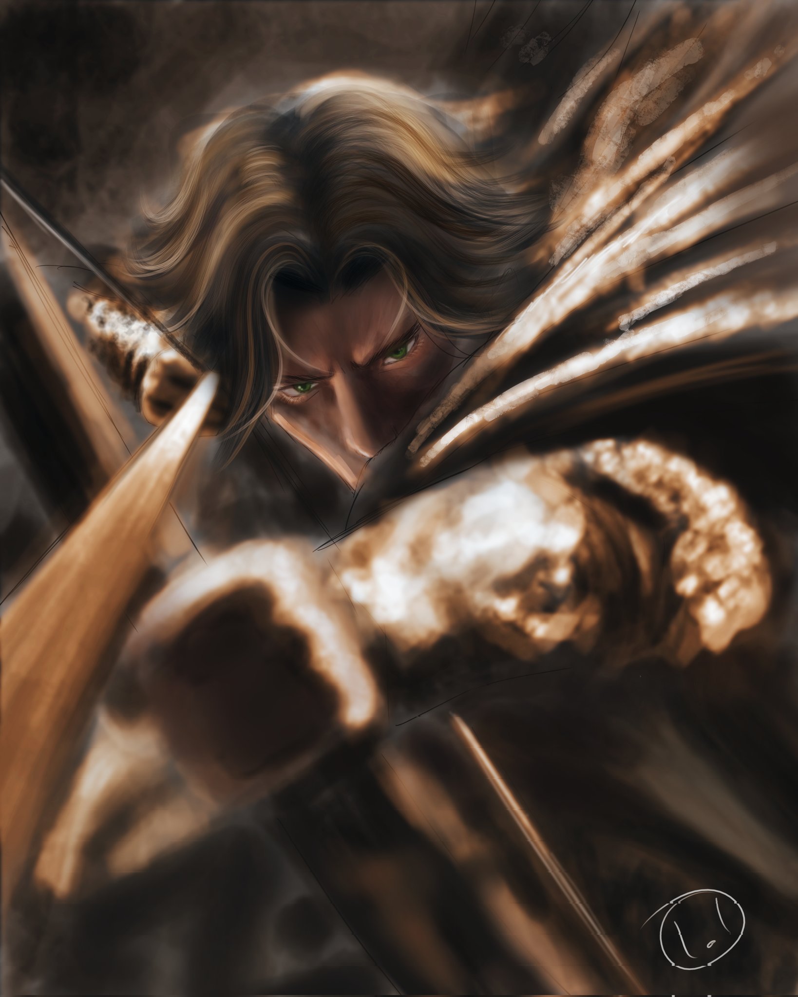 kai (shadow slave), shadow slave, highres, 1boy, archery, artskiddy69, bow (weapon), brown hair, cape, covered mouth, drawing arrow, gauntlets, green eyes, holding, holding bow (weapon), holding weapon, looking at viewer, male focus, narrowed eyes, pov, serious, short hair, solo, upper body, weapon