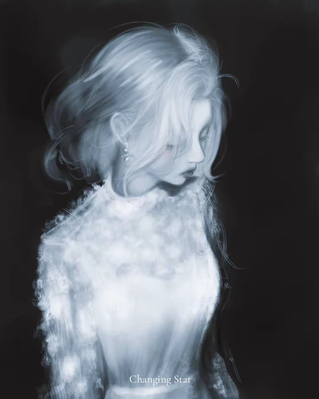 nephis (shadow slave), shadow slave, highres, photo-referenced, 1girl, artskiddy69, black background, caption, character name, closed eyes, dress, earrings, english text, facing down, jewelry, light blush, painterly, short hair, simple background, solo, upper body, white dress, white hair