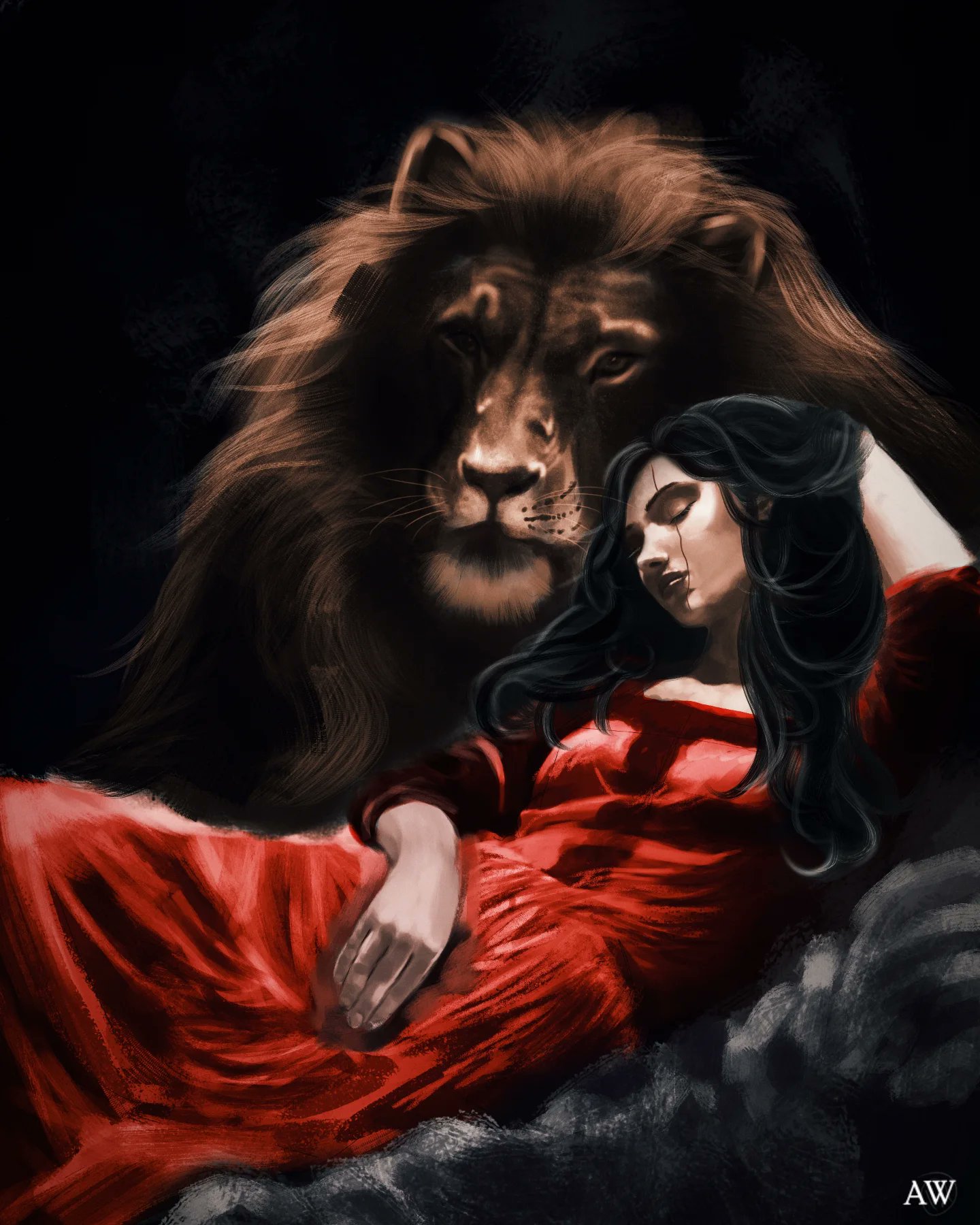 shadow slave, highres, 1girl, animal, arm behind head, arm up, artskiddy69, beastmaster (shadow slave), black hair, breasts, cleavage, closed eyes, couch, curled up, dress, elbow rest, hair over shoulder, hand on own stomach, lion, on couch, painterly, red dress, scar, scar on face, smile, wavy hair
