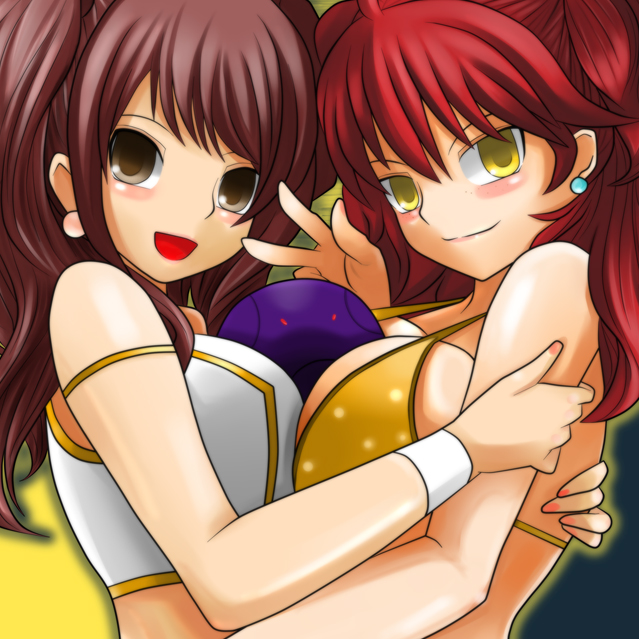 mizuno kakeru, bad haro, kugimiya rie, kujikawa rise, nena trinity, atlus, gundam, gundam 00, persona, persona 4, 2girls, blush, breast press, breasts, brown eyes, cosplay, costume switch, crossover, earrings, freckles, hug, jewelry, kujikawa rise (cosplay), large breasts, multiple girls, nena trinity (cosplay), red hair, smile, symmetrical docking, voice actor connection, yellow eyes