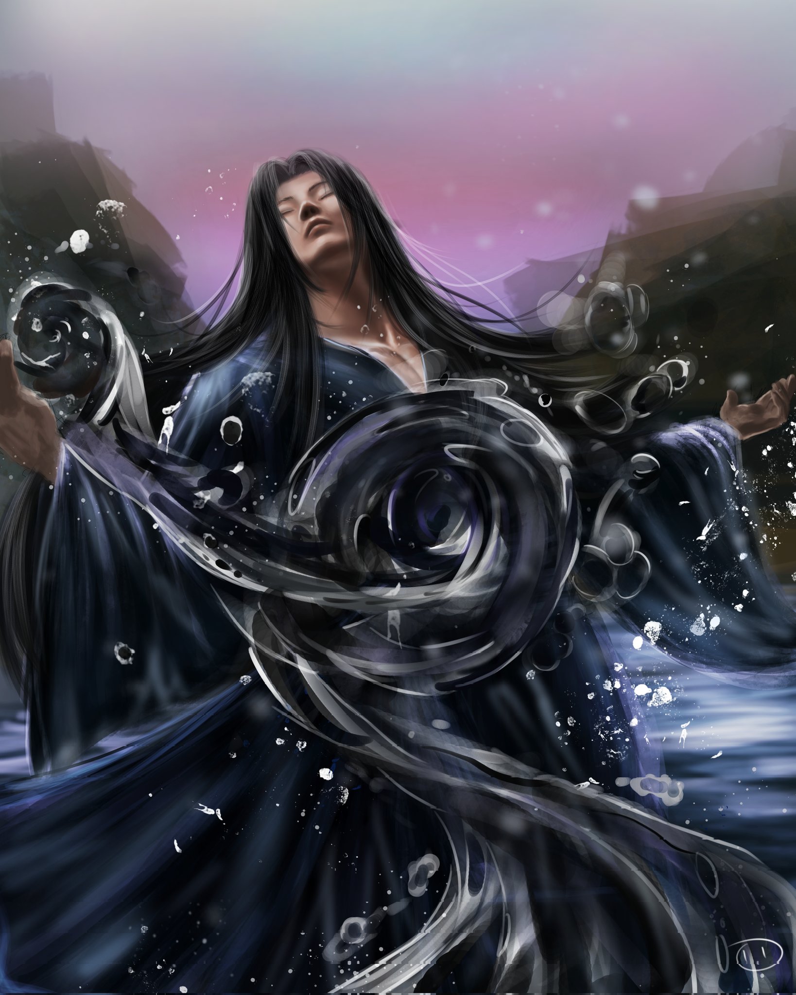gu yue fang yuan, reverend insanity, highres, 1boy, artskiddy69, black hair, blue robe, closed eyes, head back, light particles, magic, male focus, mountainous horizon, official alternate costume, outstretched arms, painterly, pectoral cleavage, pectorals, robe, solo, swirl, water, water drop
