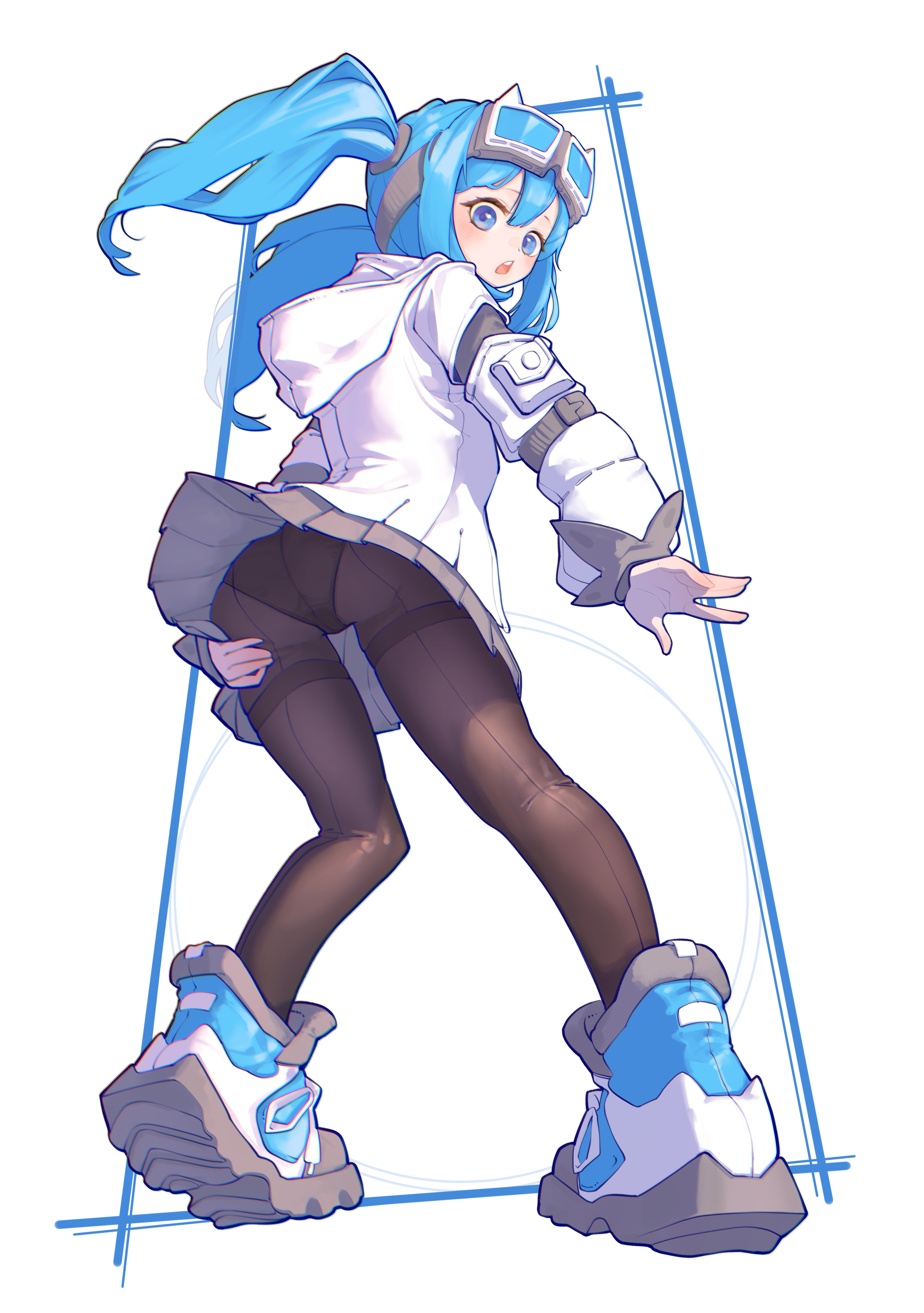 arahashi tabi, stellive, absurdres, commentary, highres, 1girl, ass, black panties, black pantyhose, blue eyes, blue hair, chromatic aberration, crotch seam, double-parted bangs, full body, goggles, goggles on head, grey skirt, hood, hoodie, long hair, long sleeves, looking back, miniskirt, nariabunz, open mouth, panties, panties under pantyhose, pantyhose, pleated skirt, shoes, simple background, skirt, sneakers, standing, thighband pantyhose, turning head, twintails, underwear, upskirt, virtual youtuber, white background, white hoodie