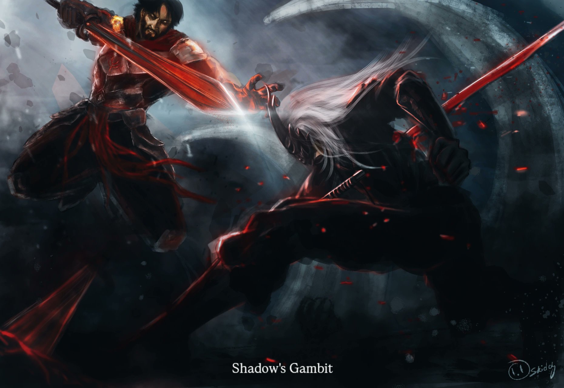 sunny (shadow slave), shadow slave, highres, 1boy, 1other, anvil (shadow slave), armor, artskiddy69, attack, beard, black gloves, black hair, clenched hand, debris, facial hair, fighting, from below, full body, glass shards, glint, gloves, hair flowing over, holding, holding sword, holding weapon, jumping, long hair, mask, rope belt, serious, short hair, sword, weapon, white hair