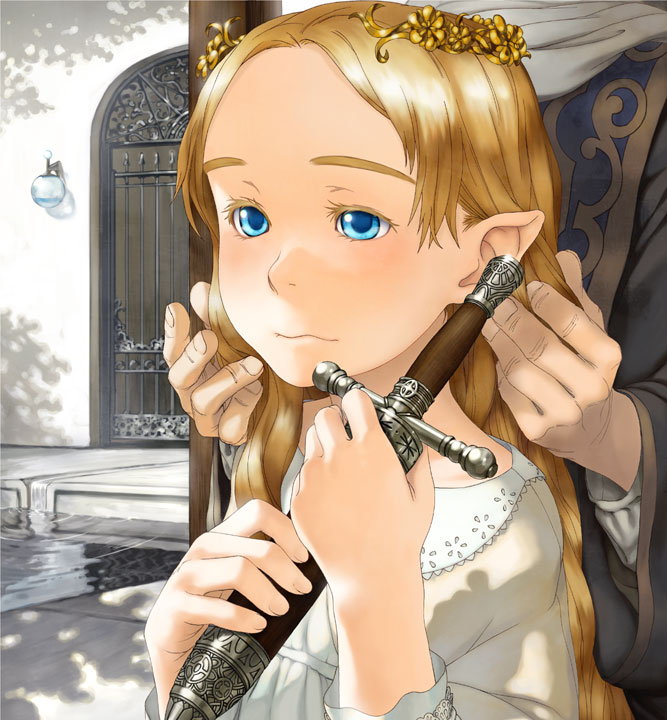 aratagawa nikei, original, 1girl, adjusting hair, blonde hair, blue eyes, child, crown, dagger, door, elf, forehead, hair ornament, head out of frame, holding, knife, long hair, pointy ears, portrait, shadow, solo focus, water, weapon