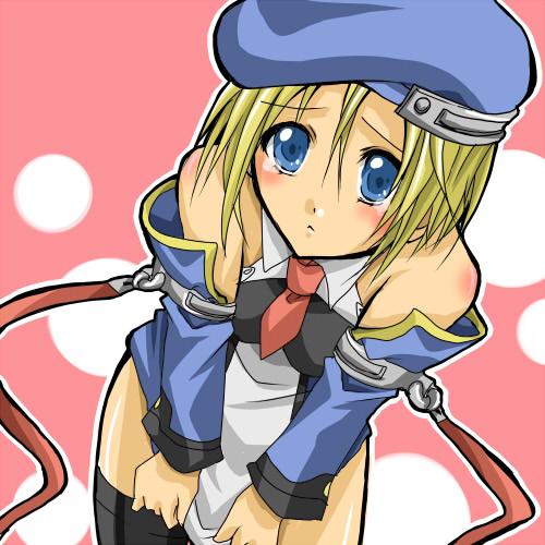 kikuyoshi, kikuyosho, noel vermillion, arc system works, blazblue, bad id, bad pixiv id, lowres, beret, blonde hair, blush, detached sleeves, dress, hat, necktie, short dress, solo, thighhighs