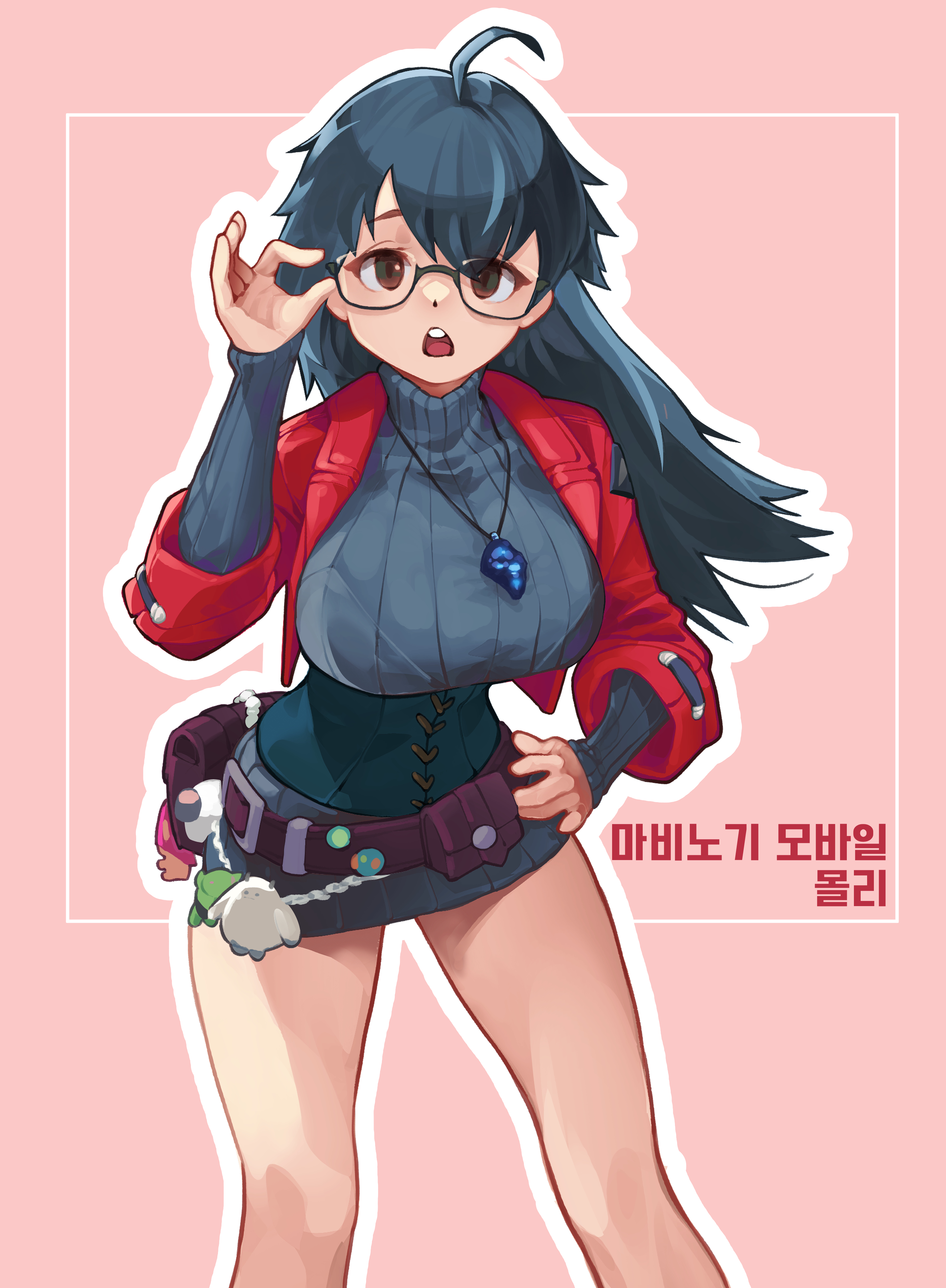 mabinogi, absurdres, commentary, highres, translation request, 1girl, ahoge, belt, belt charm, black-framed eyewear, blue gemstone, blue hair, blue sweater, bralines, breasts, brown eyes, charm (object), double-parted bangs, dress, feet out of frame, gem, glasses, hand on own hip, hand up, jacket, jewelry, korean text, large breasts, long hair, long sleeves, looking at viewer, molly (mabinogi), nariabunz, necklace, open clothes, open jacket, open mouth, outline, pink background, purple belt, red jacket, ribbed sweater, semi-rimless eyewear, solo, standing, straight-on, sweater, sweater dress, turtleneck, turtleneck sweater, white outline