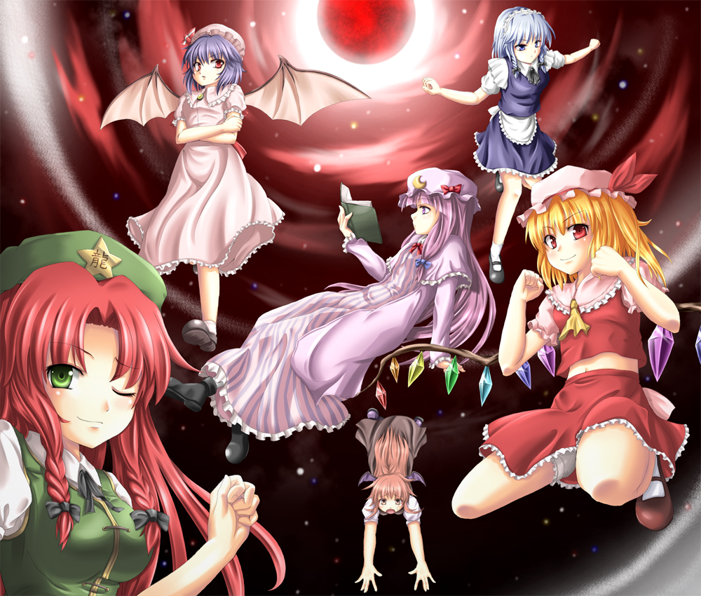 mochi.f, flandre scarlet, hong meiling, izayoi sakuya, koakuma, patchouli knowledge, remilia scarlet, embodiment of scarlet devil, touhou, bad id, bad pixiv id, 6+girls, book, female focus, moon, multiple girls, one eye closed, red moon, wings, wink