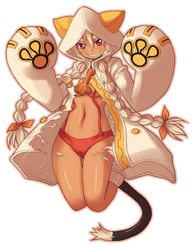 kure (beniya), taokaka, arc system works, blazblue, 1girl, animal ears, animal hood, blonde hair, braid, breasts, cameltoe, cat ears, cat hood, cat tail, claws, dark-skinned female, dark skin, female focus, grin, hood, hoodie, long hair, small breasts, smile, solo, tail, twin braids