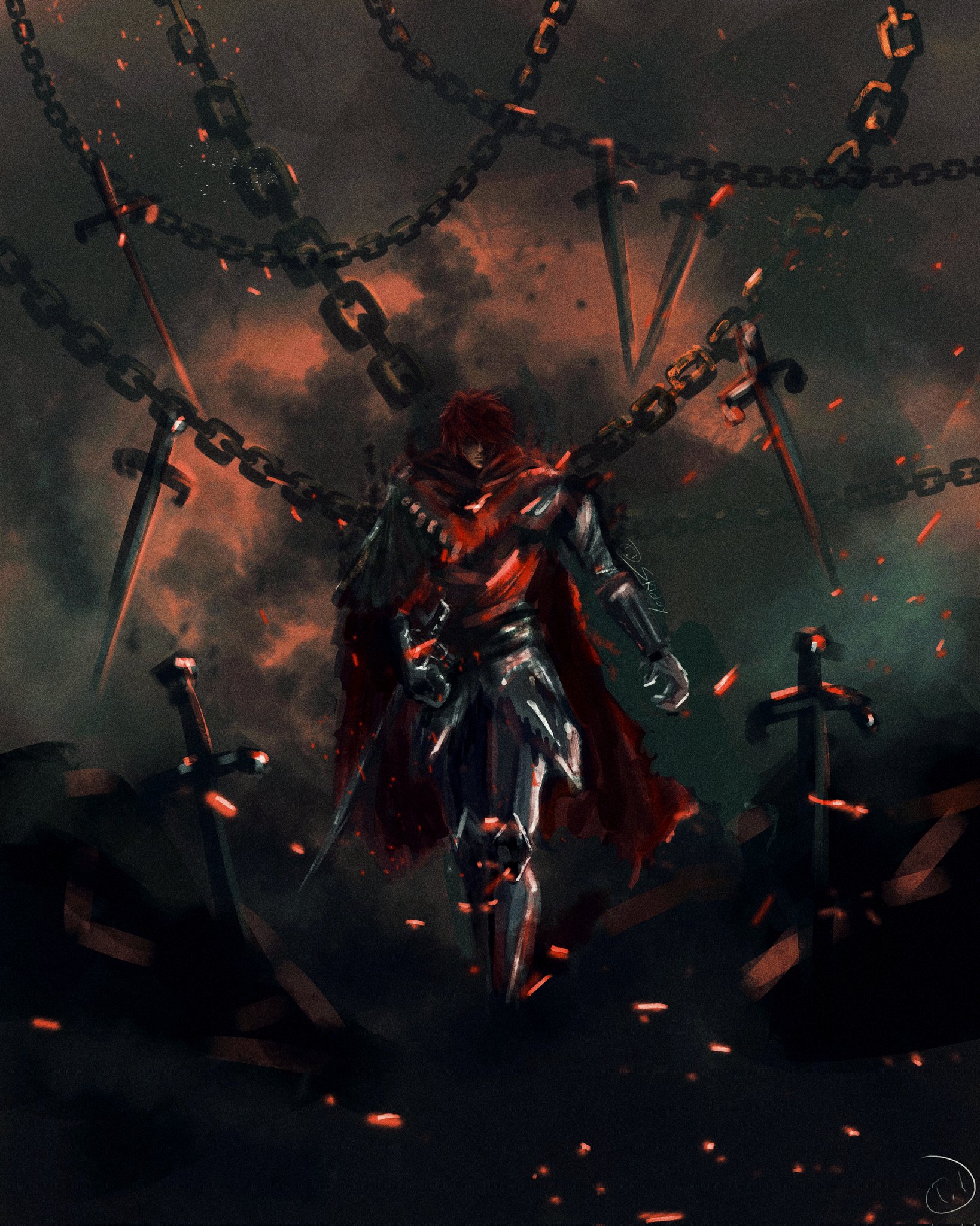 shadow slave, highres, 1boy, armor, artskiddy69, auro of the nine, cape, chain, clenched hand, embers, floating, floating object, floating sword, floating weapon, full body, looking at viewer, male focus, partially shaded face, red cape, red hair, scabbard, serious, sheath, short hair, solo, sword, too many weapons, torn cape, torn clothes, walking, walking towards viewer, weapon