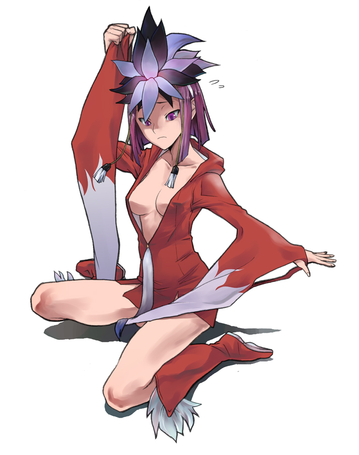 karuranabaru, kuzuryuu amane, devil survivor (series), devil survivor 1, 1girl, boots, breasts, center opening, cleavage, feathers, female focus, headdress, hood, hoodie, long sleeves, purple eyes, purple hair, short hair, solo, sweatdrop, unzipped