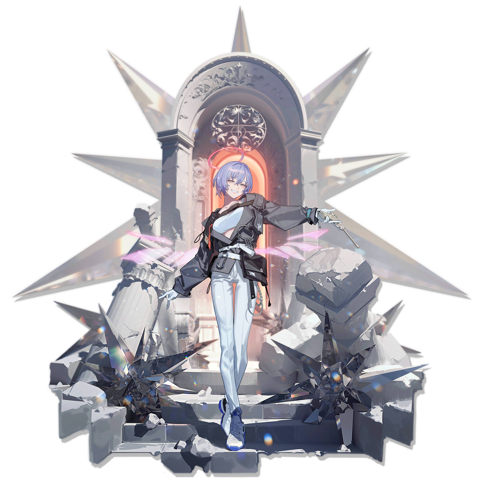 spuria (arknights), arknights, artist request, highres, source request, 1girl, blue hair, bound, bound toes, breasts, detached wings, energy wings, gloves, grey eyes, halo, holding, jacket, long sleeves, looking at viewer, official alternate hairstyle, pants, short hair, smile, solo, wings