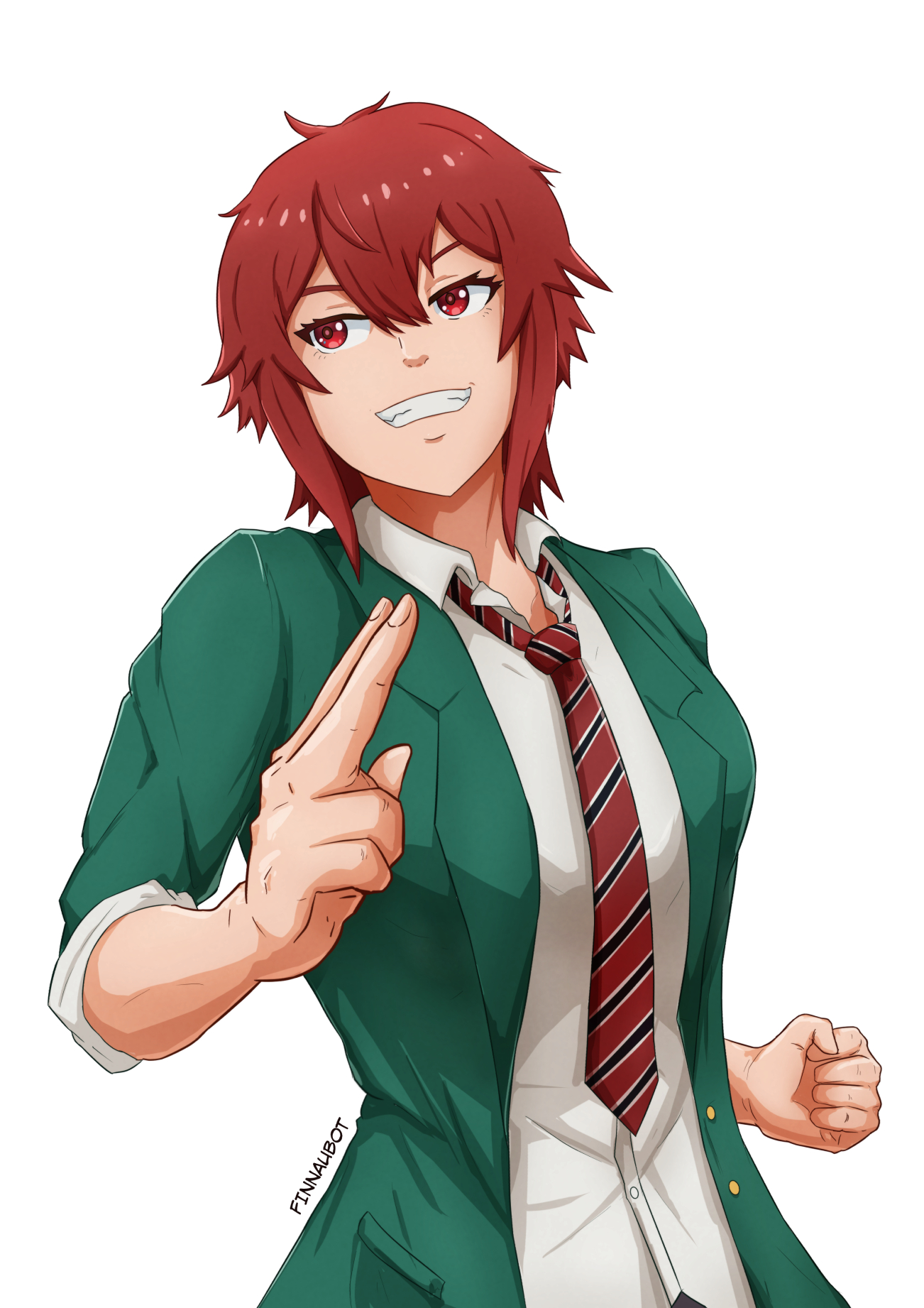 fin naubot, aizawa tomo, tomo-chan wa onna no ko, commission, highres, 1girl, artist name, clenched hand, grin, necktie, red eyes, red hair, red necktie, school uniform, shirt, short hair, simple background, smile, solo, striped necktie, tomboy, white background, white shirt