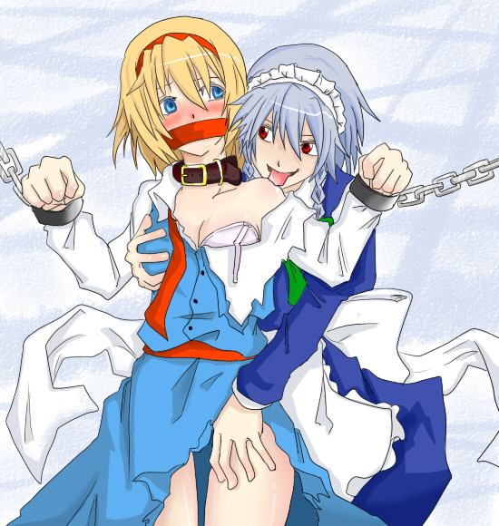 sen'yuu yuuji, alice margatroid, izayoi sakuya, touhou, clothes, 2girls, bdsm, blonde hair, blue eyes, blush, bondage, bound, breasts, cloth gag, collar, female focus, gag, gagged, grabbing another's breast, groping, improvised gag, licking, multiple girls, saliva, tongue, torn clothes, yuri