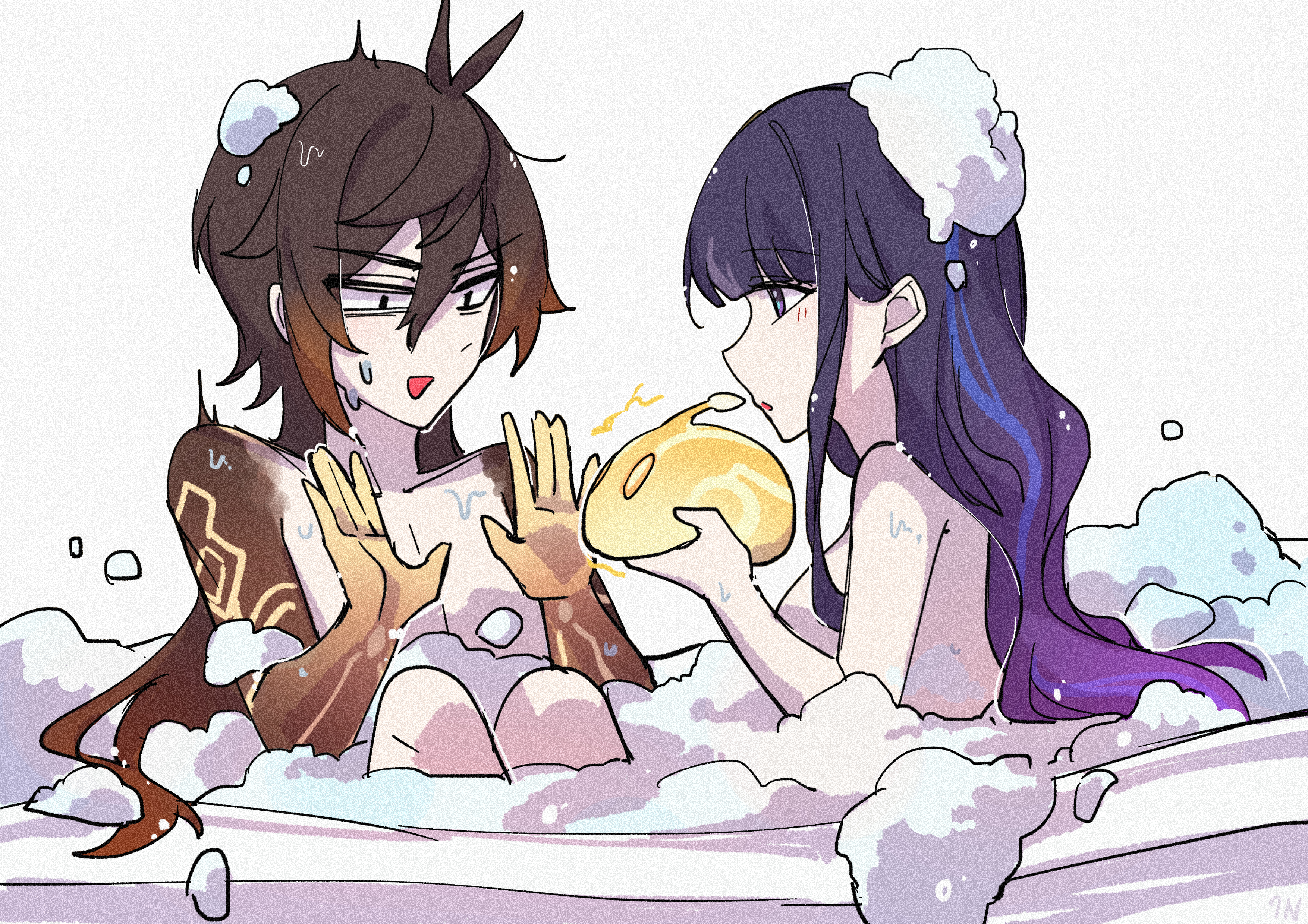 c520gpss, raiden shogun, slime (genshin impact), zhongli (genshin impact), genshin impact, absurdres, chinese commentary, highres, 1boy, 1girl, antenna hair, bare shoulders, bath, bathing, bathtub, blunt bangs, breasts, brown hair, bubble, collarbone, colored skin, couple, creature, electricity, from side, gradient hair, gradient skin, grey background, hands up, holding, in bathtub, indoors, knees up, large breasts, light blush, long hair, looking at another, looking down, looking to the side, multicolored eyes, multicolored hair, multicolored skin, nude, open mouth, scared, shade, simple background, streaked hair, surprised, sweatdrop, trembling, two-tone skin, upper body, wavy hair, wet, wide-eyed