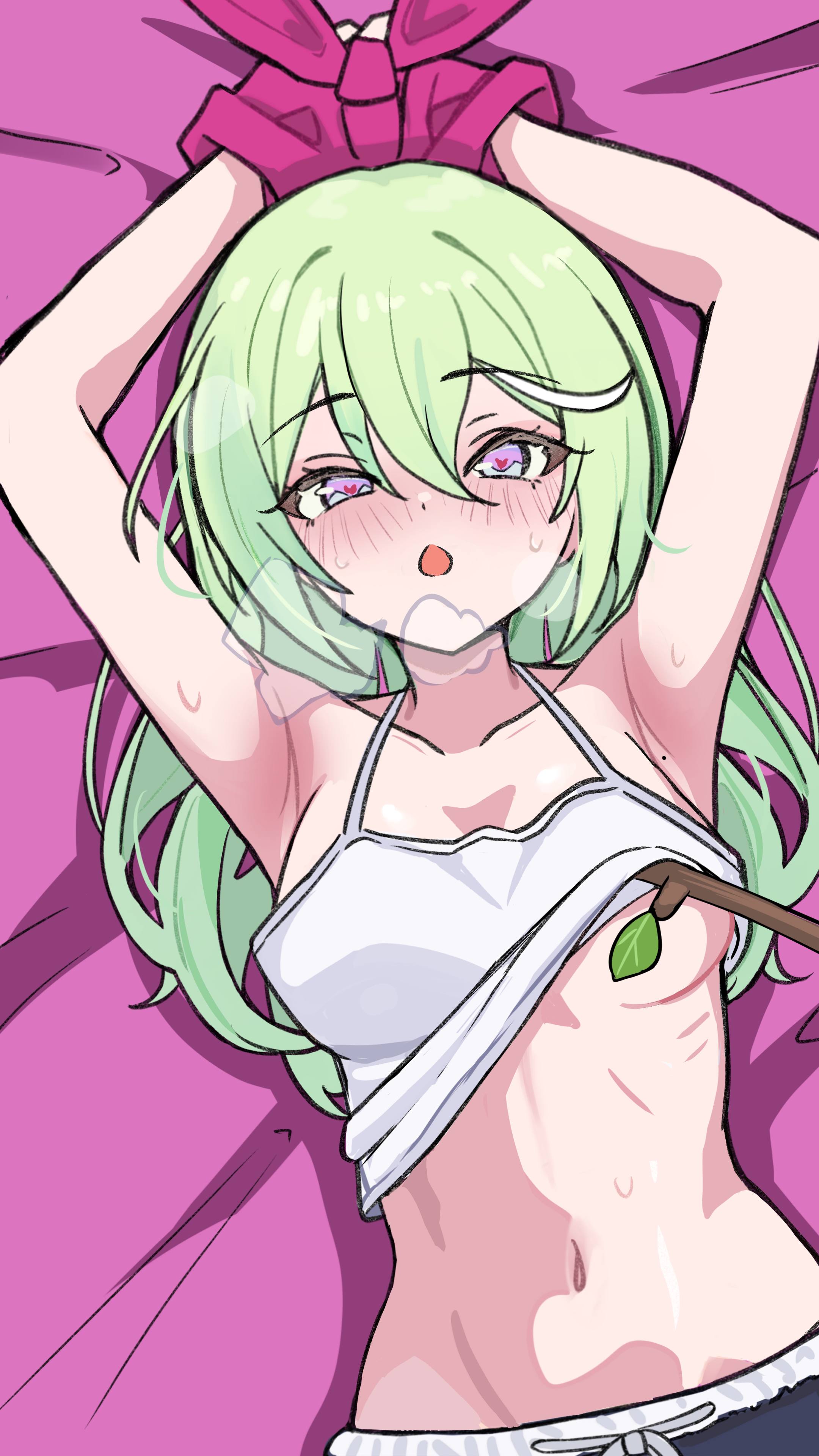 duda (duda1), yuzuha riko, stellive, absurdres, commentary request, highres, korean commentary, 1girl, armpits, arms up, assisted exposure, bdsm, blush, bondage, bound, bound wrists, breasts, camisole, camisole lift, clothes lift, collarbone, double-parted bangs, green hair, hair between eyes, heart, heart-shaped pupils, long bangs, long hair, lying, medium breasts, navel, no bra, on back, on bed, open mouth, pink eyes, red pupils, solo, steam, steaming body, stick, stomach, straight hair, sweat, symbol-shaped pupils, upper body, virtual youtuber, white camisole