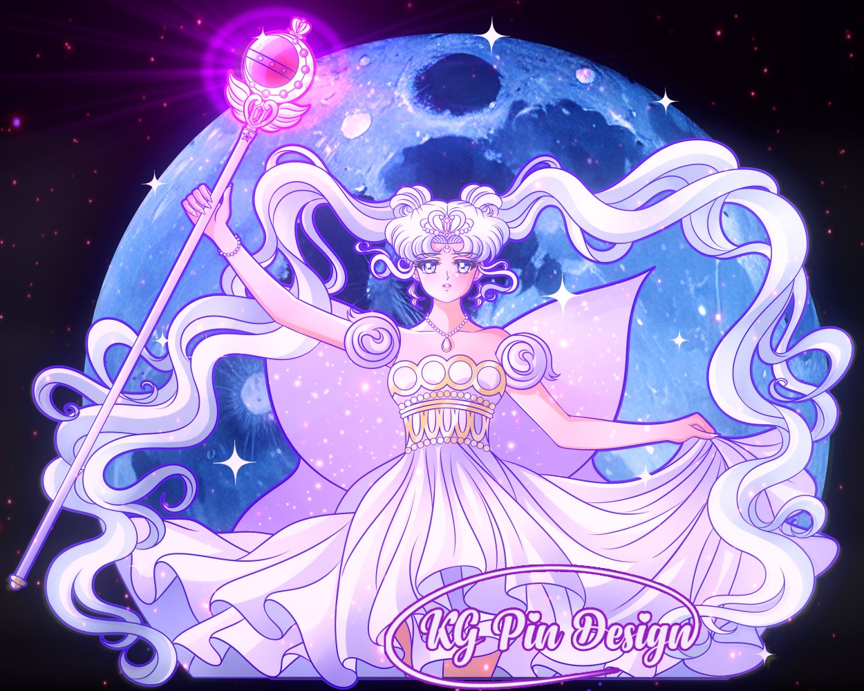 k.g.fantasy, neo queen serenity, tsukino usagi, bishoujo senshi sailor moon, 1girl, bare shoulders, blue eyes, bracelet, collarbone, crescent, crescent facial mark, crown, double bun, dress, facial mark, fingernails, forehead mark, hair bun, heart crown, jewelry, long fingernails, long hair, necklace, parted bangs, pearl necklace, pendant, skirt hold, solo, strapless, strapless dress, twintails, very long hair, white crown, white dress, white hair