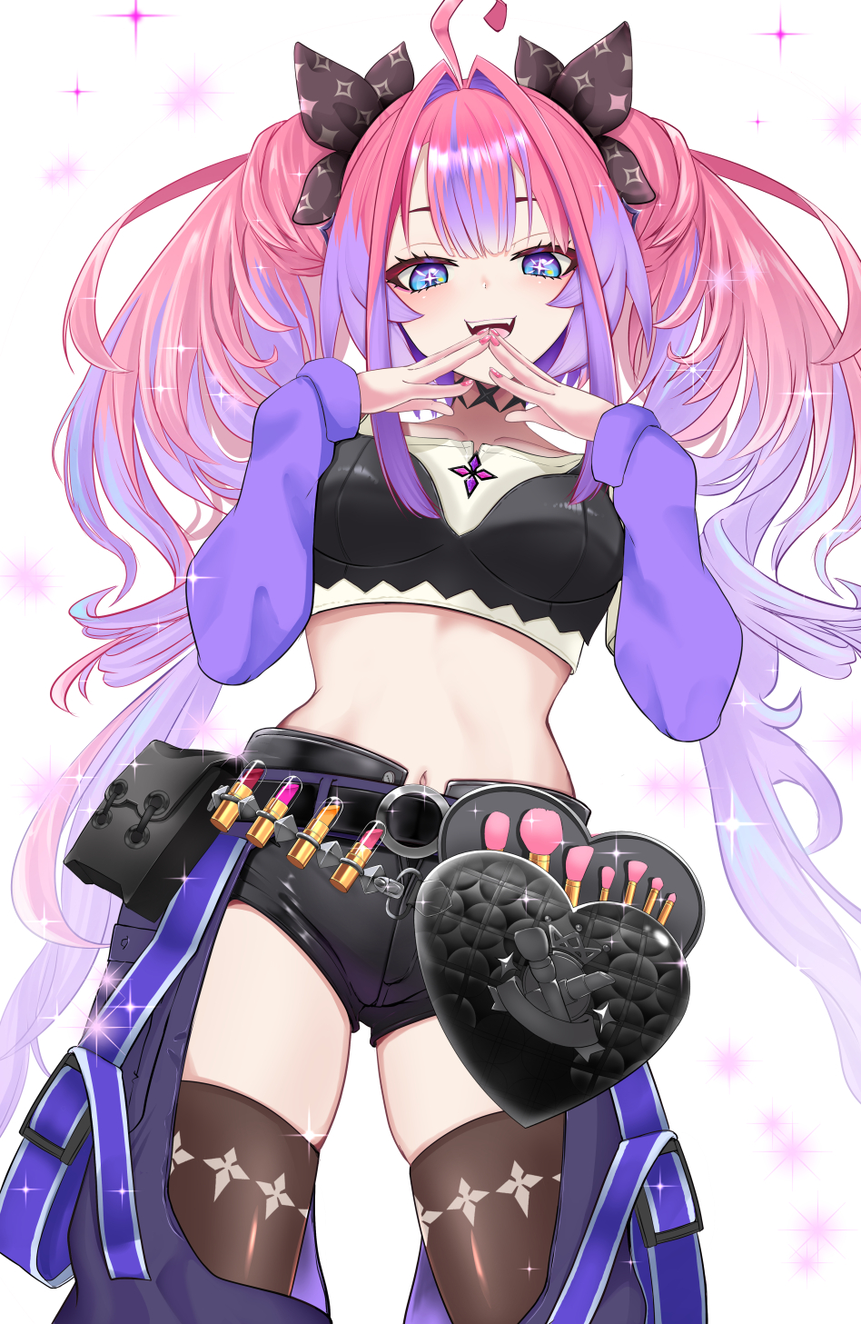 yappy (yapis company), kikirara vivi, hololive, hololive dev is, commentary, highres, + +, 1girl, ahoge, belt, belt pouch, black belt, black bra, black ribbon, black shorts, blue eyes, blush, bra, bra over clothes, breasts, brown thighhighs, collarbone, cosmetics, fingernails, hair intakes, hair ribbon, lipstick tube, long hair, long sleeves, makeup brush, multicolored hair, nail polish, navel, open mouth, own hands together, pants, pink hair, pink nails, pouch, purple belt, purple hair, purple pants, ribbon, shirt, shorts, simple background, smile, solo, sparkle print, stomach, thighhighs, thighs, twintails, two-tone hair, underwear, virtual youtuber, white background, white shirt