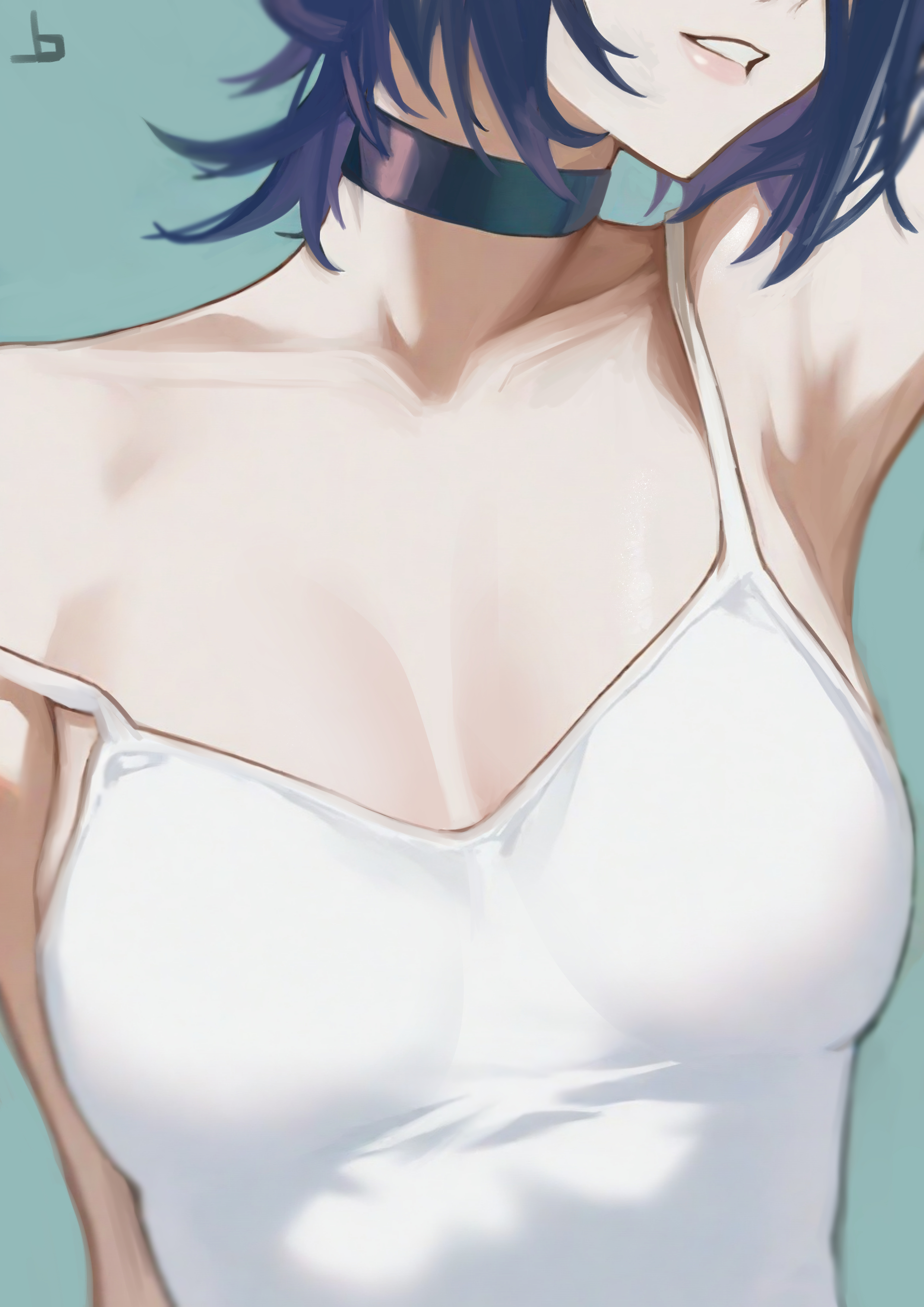 joadv, reze (chainsaw man), chainsaw man, absurdres, commentary, english commentary, highres, 1girl, black choker, breast focus, breasts, camisole, choker, green background, head out of frame, medium breasts, purple hair, simple background, solo, white camisole